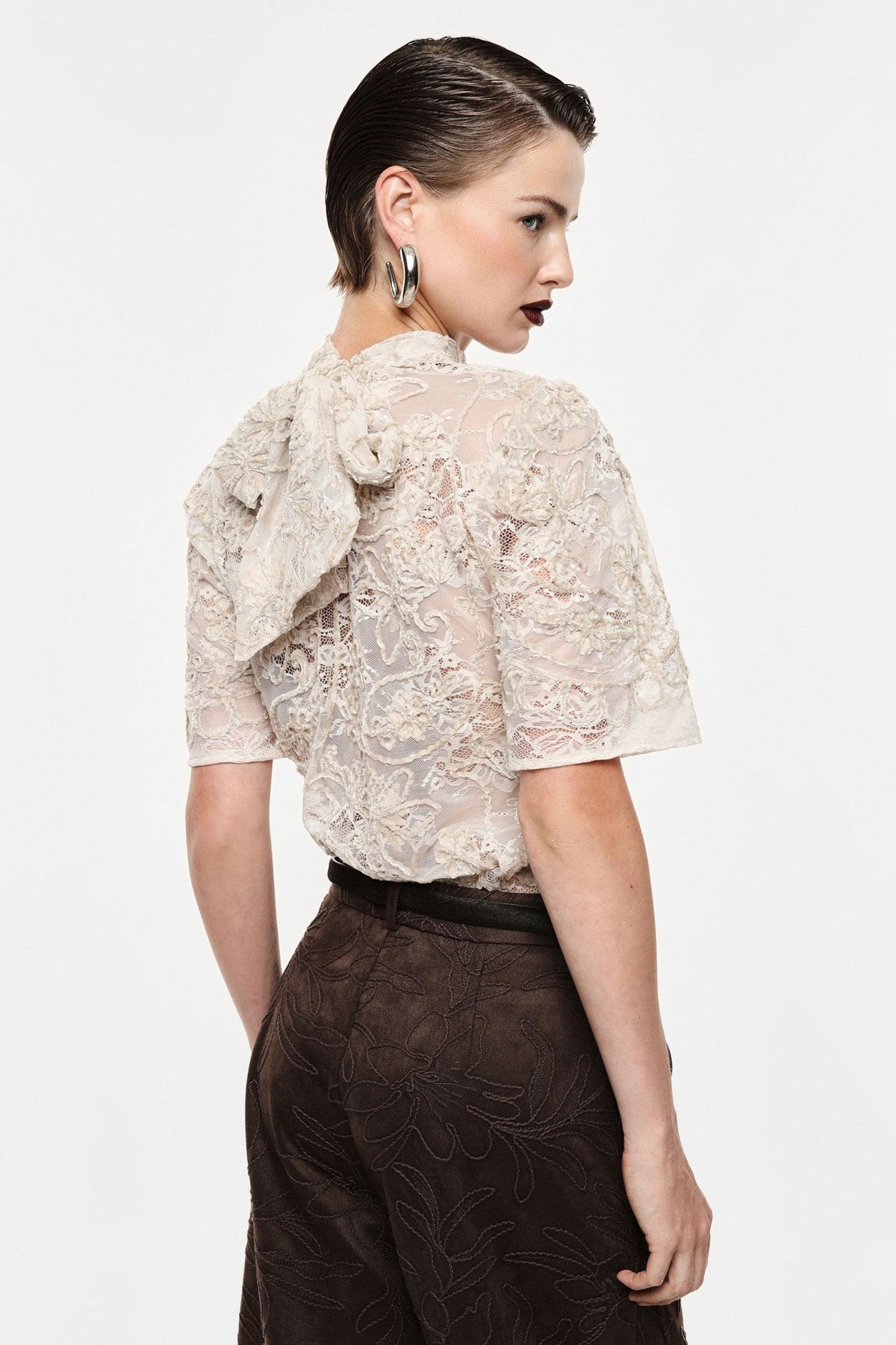 Imperial RHB3MDY - Top pizzo trasparente manica corta ricamo floreale - Foto 2
