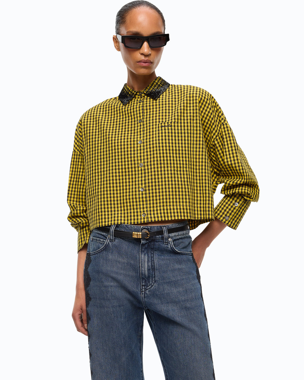 Pinko 107005A3FQ - Camicia cropped a quadretti con collo gioiello