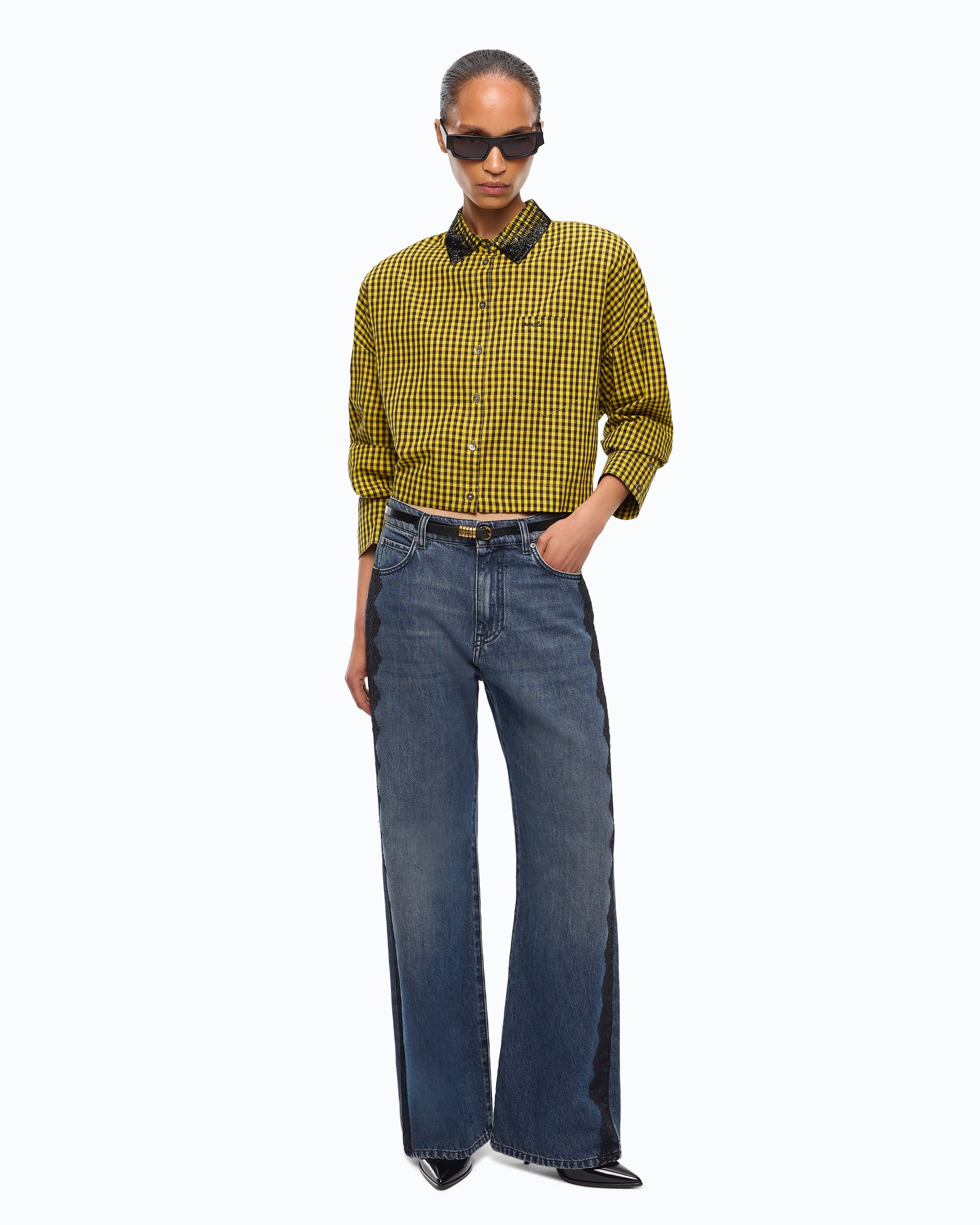 Pinko 107005A3FQ - Camicia cropped a quadretti con collo gioiello