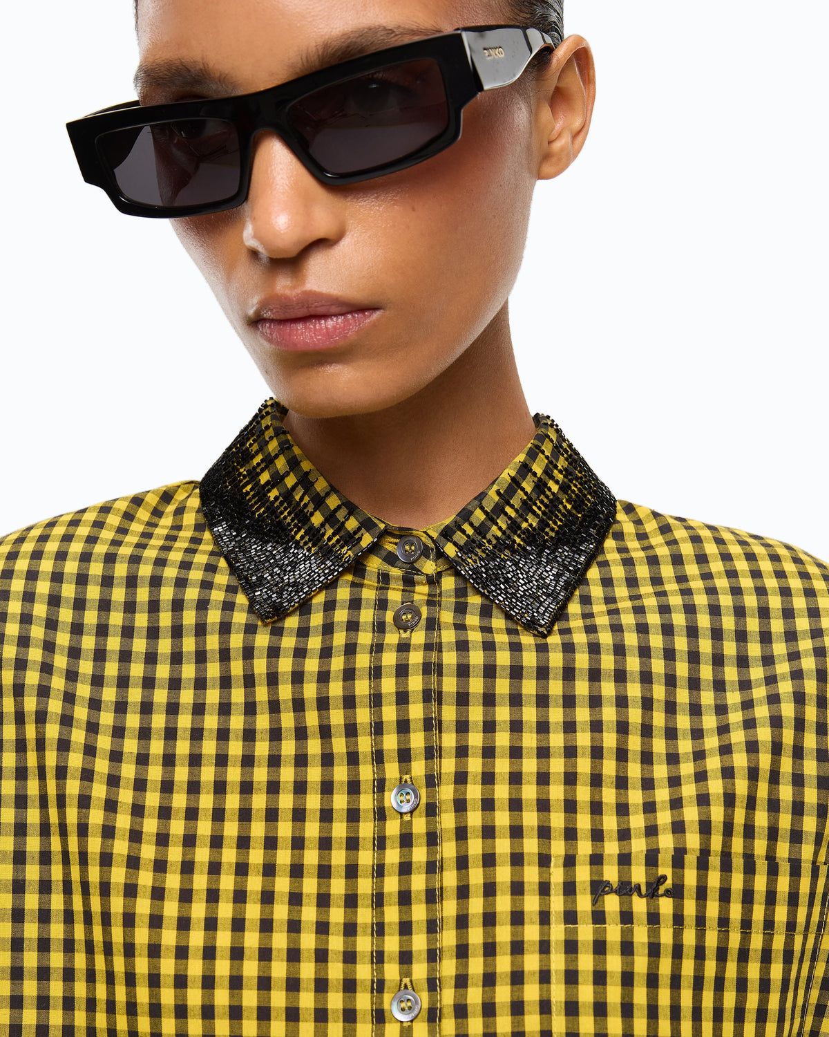 Pinko 107005A3FQ - Camicia cropped a quadretti con collo gioiello