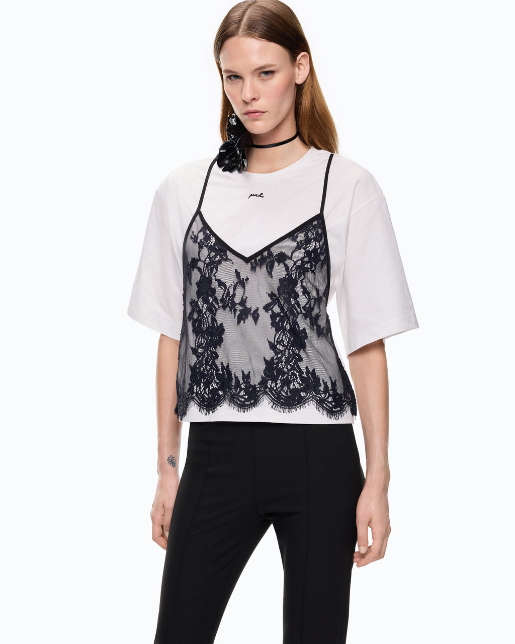 Pinko 107155A3FL - T-shirt con top in pizzo