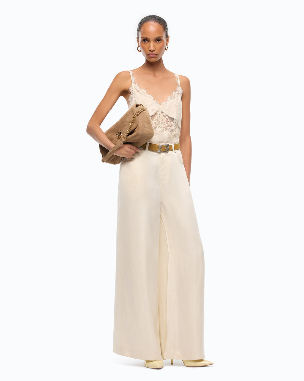 Pinko 107170A3F8 - Pantaloni palazzo in twill mano pesca