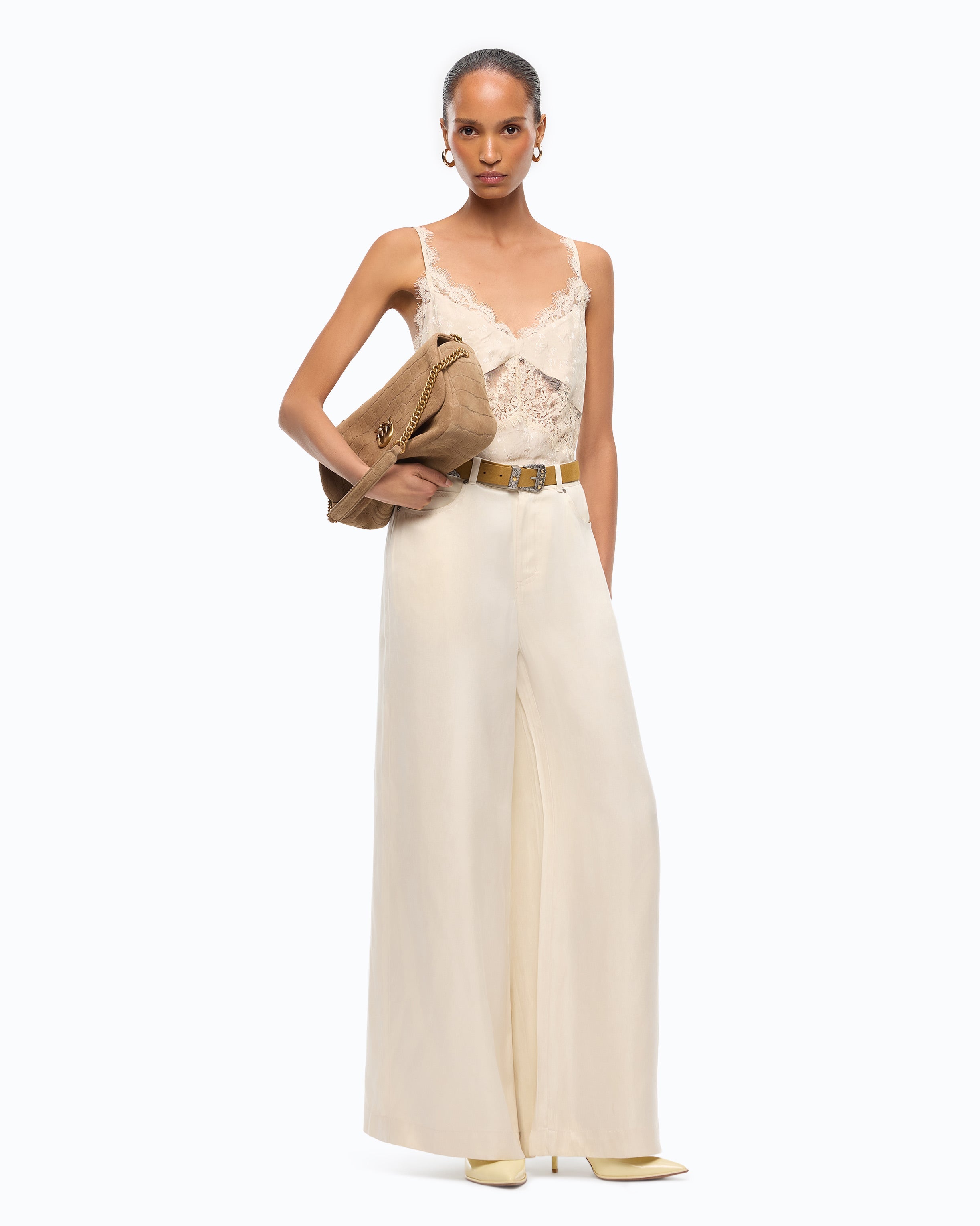 Pinko 107170A3F8 - Pantaloni palazzo in twill mano pesca