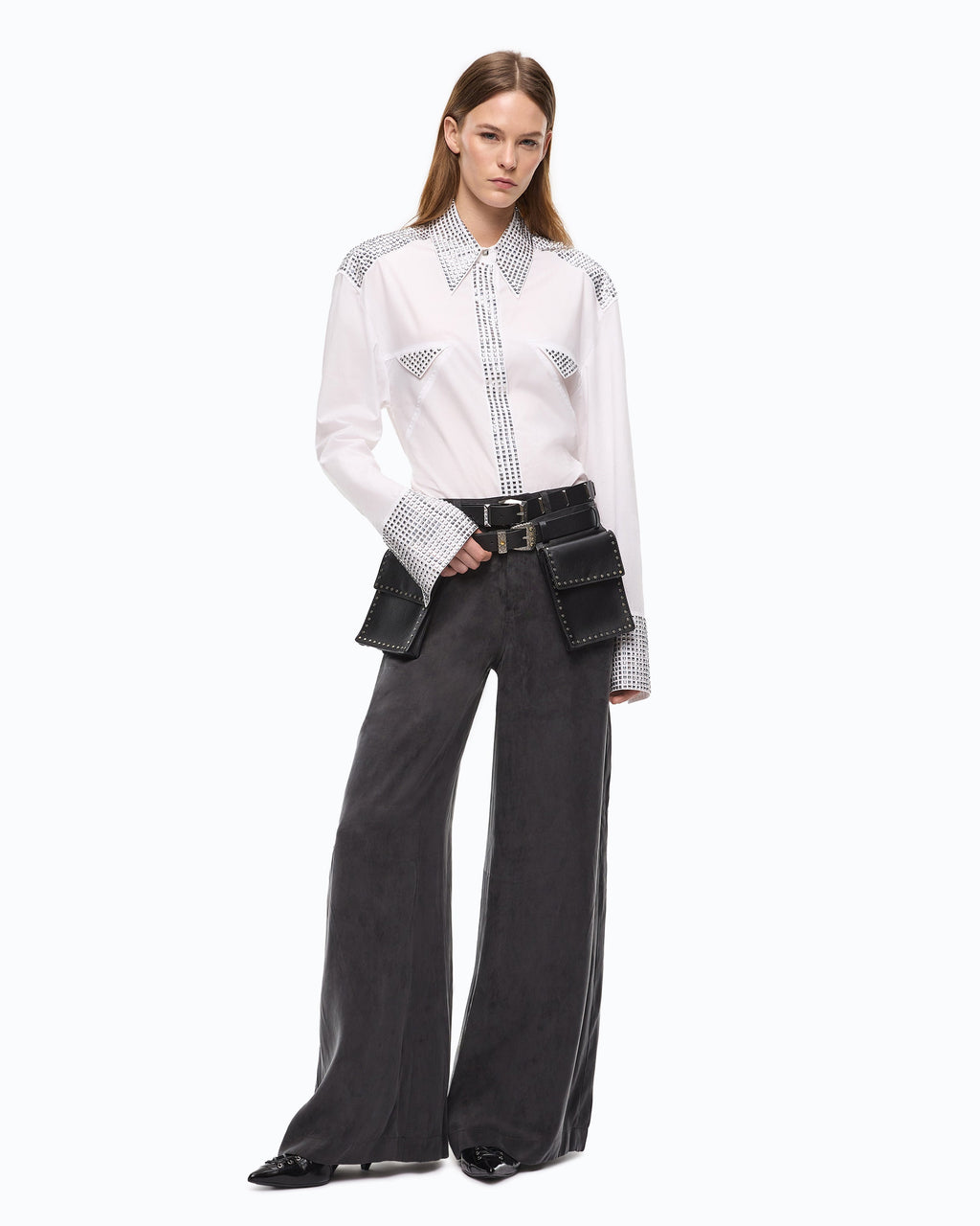 Pinko 107170A3F8 - Pantaloni palazzo in twill mano pesca