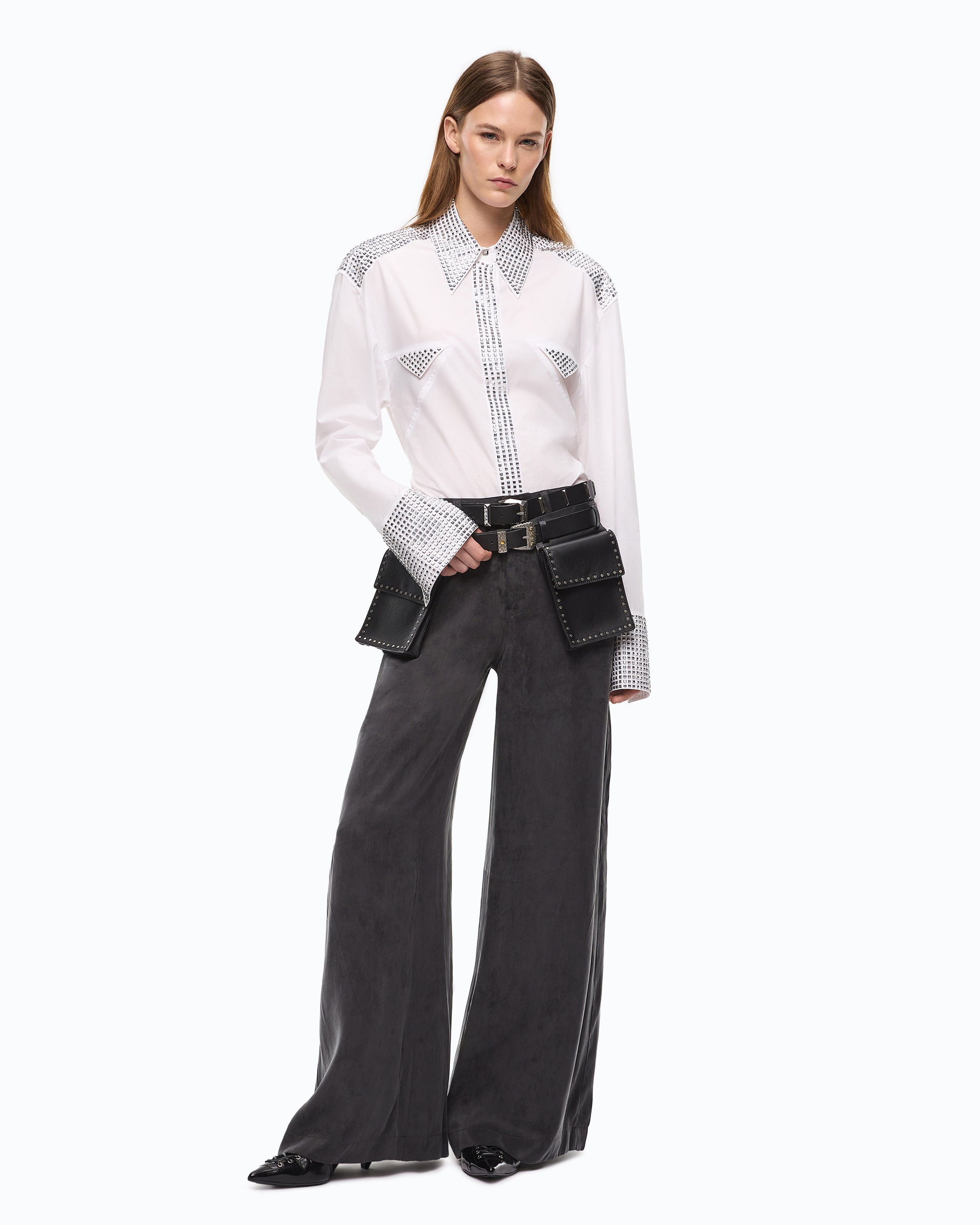 Pinko 107170A3F8 - Pantaloni palazzo in twill mano pesca