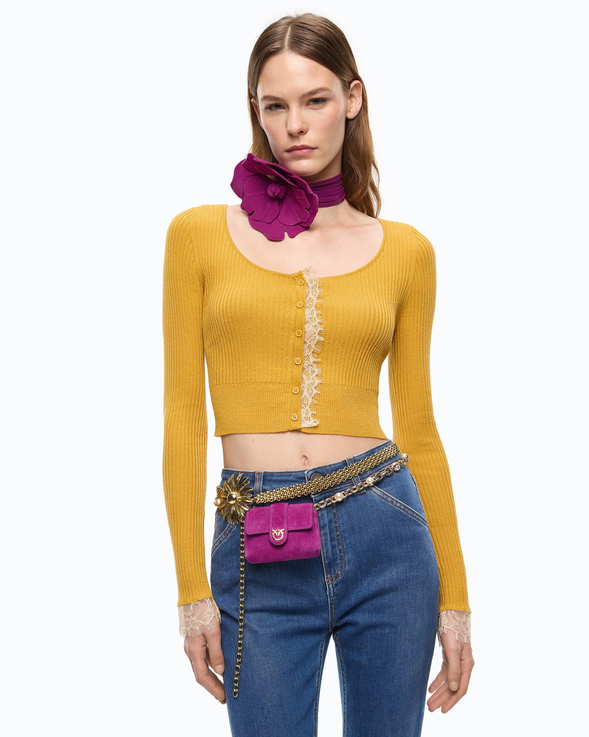 Pinko 107268A3I0 - Cardigan cropped in misto seta e cashmere con pizzo