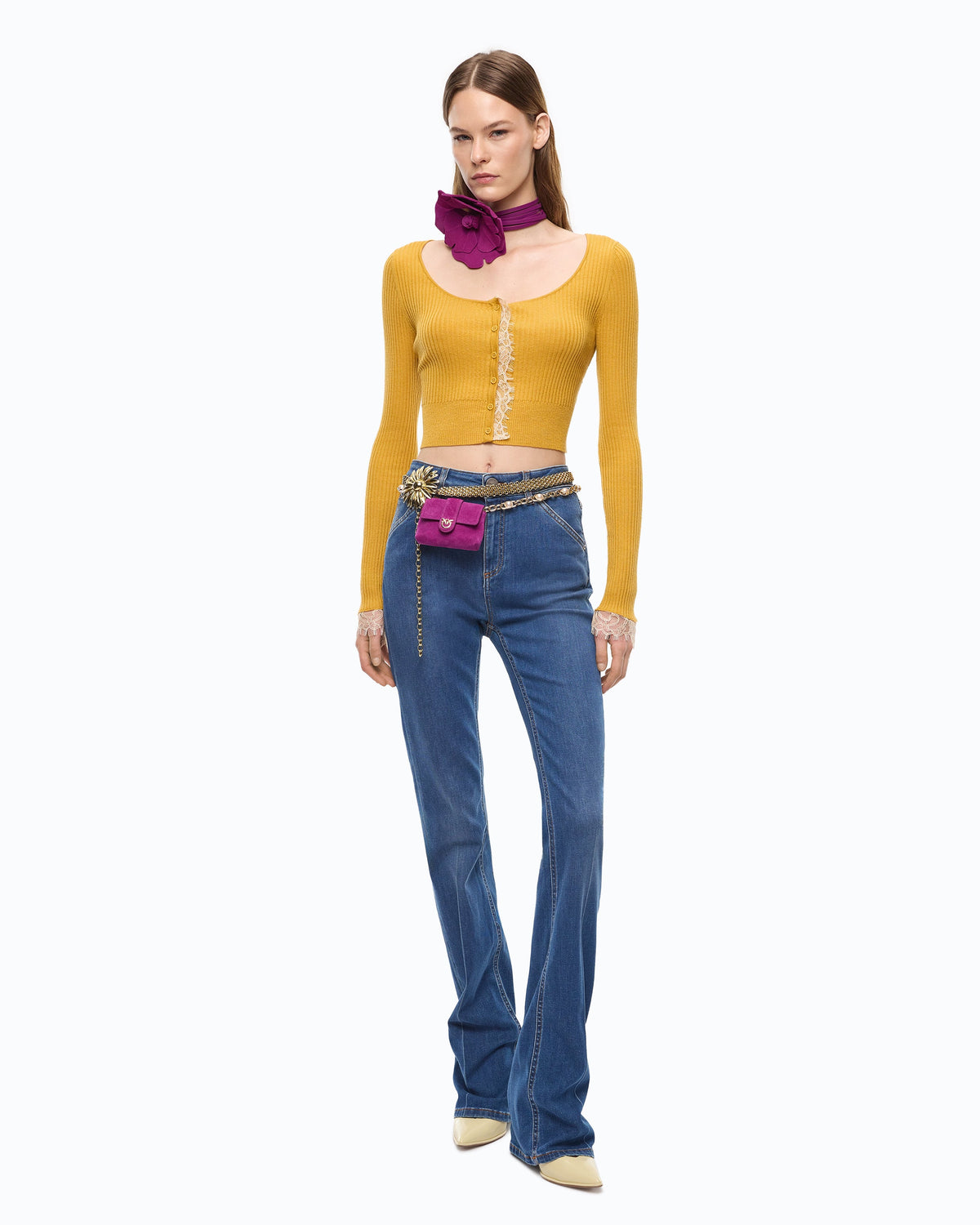 Pinko 107268A3I0 - Cardigan cropped in misto seta e cashmere con pizzo