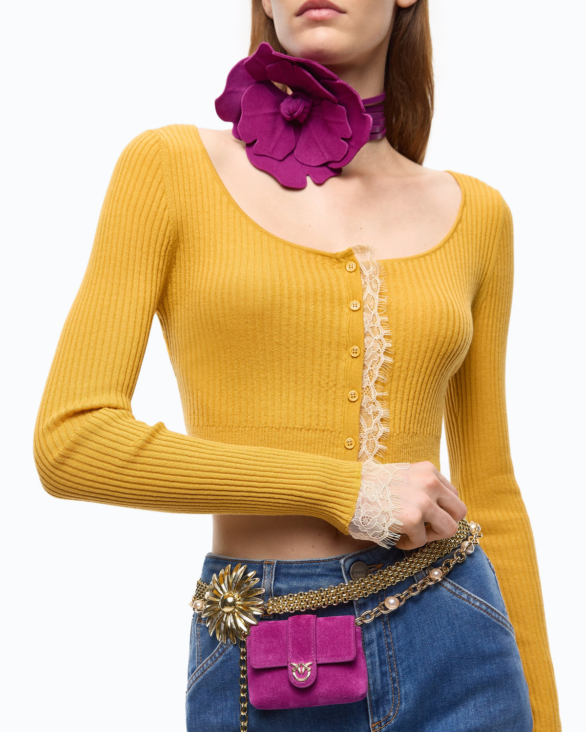 Pinko 107268A3I0 - Cardigan cropped in misto seta e cashmere con pizzo
