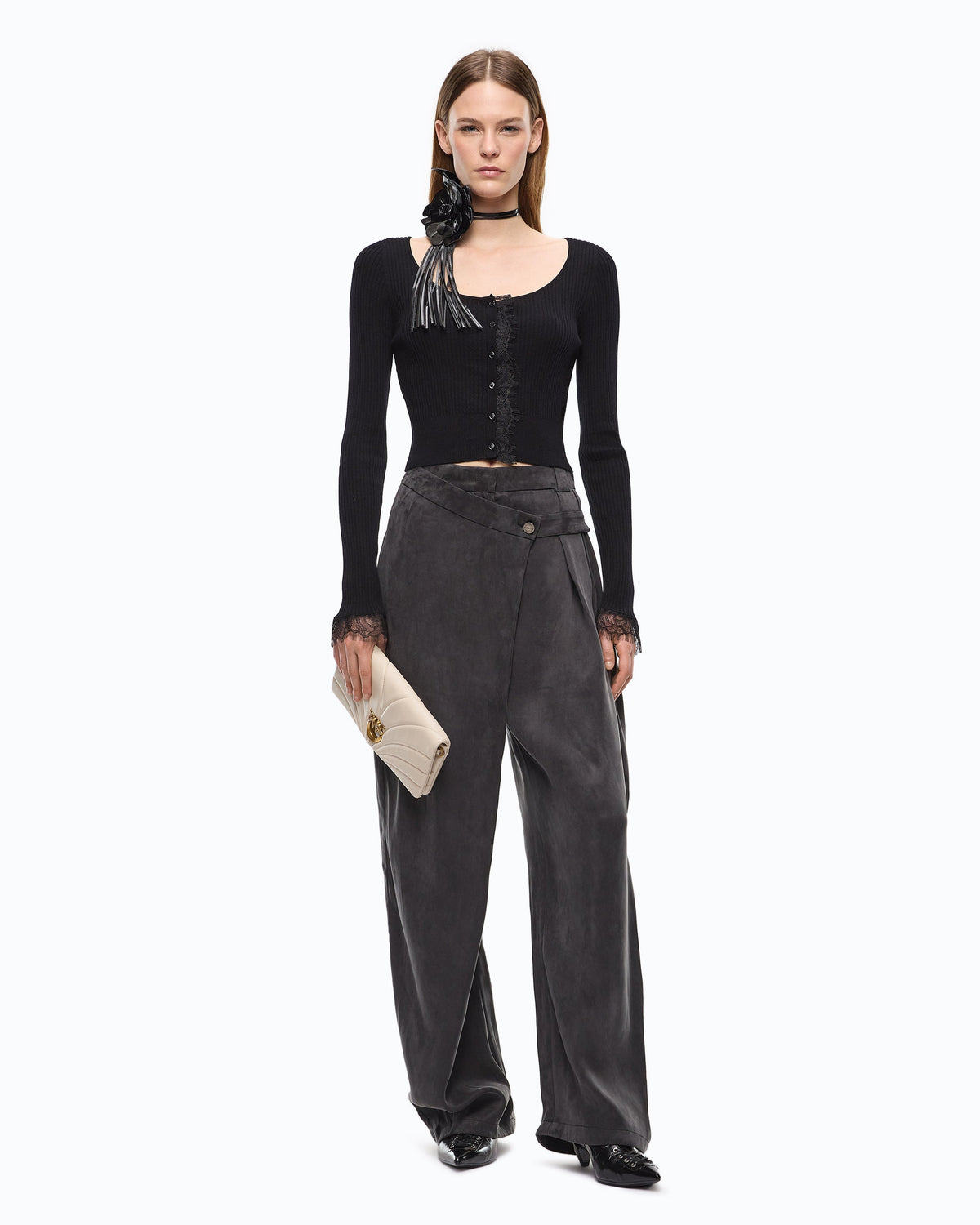 Pinko 107268A3I0 - Cardigan cropped in misto seta e cashmere con pizzo