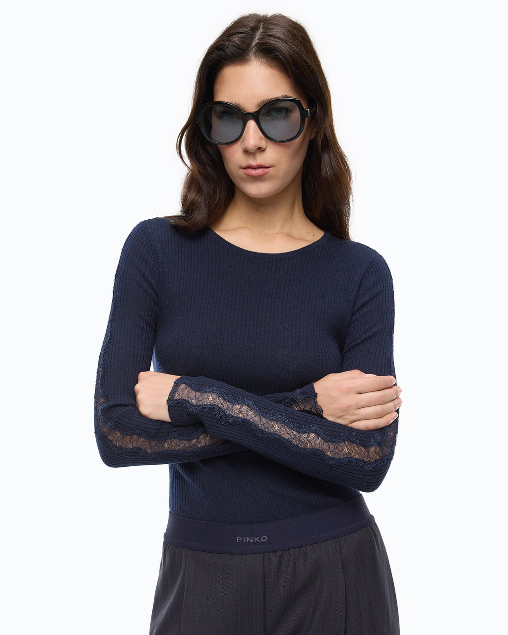 Pinko 107269A3I0 - Maglia a costine con pizzo