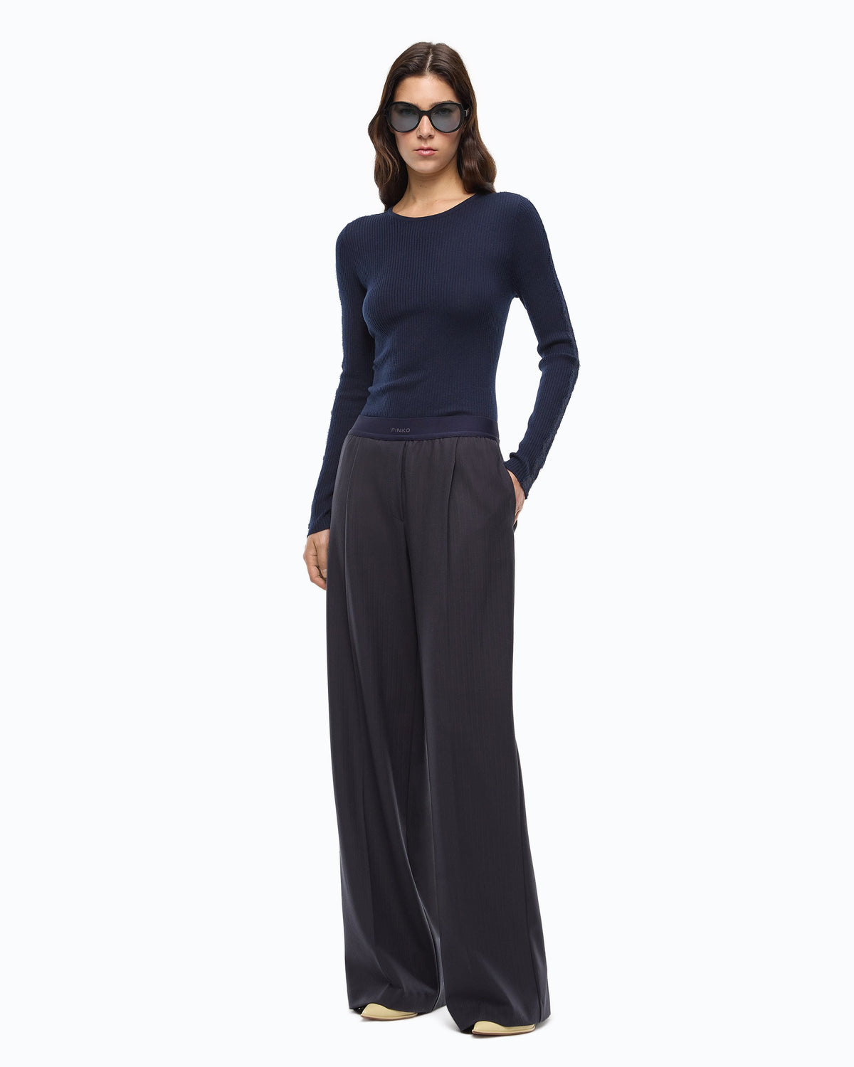 Pinko 107269A3I0 - Maglia a costine con pizzo