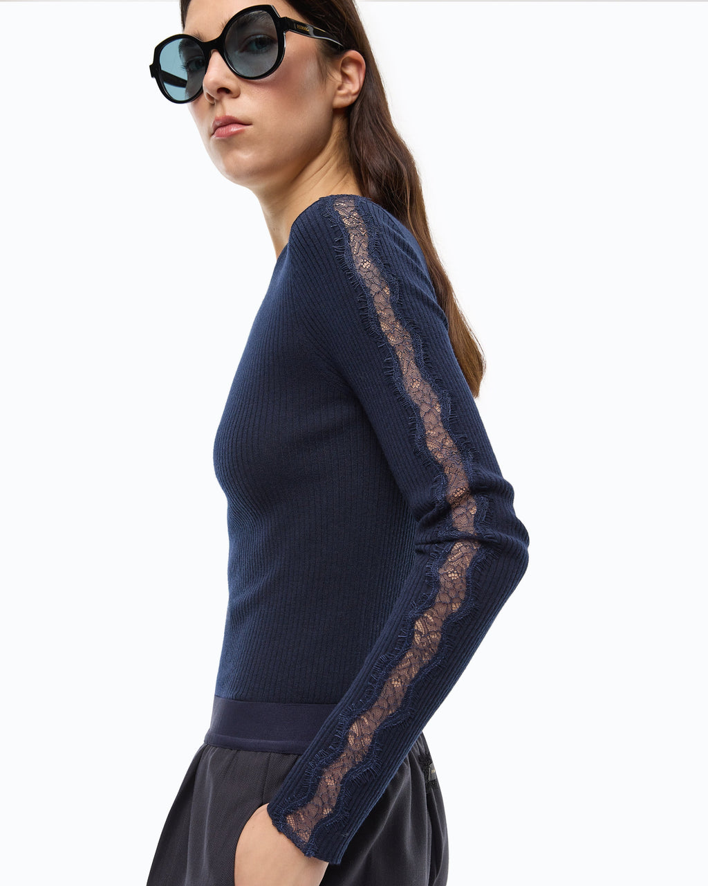 Pinko 107269A3I0 - Maglia a costine con pizzo
