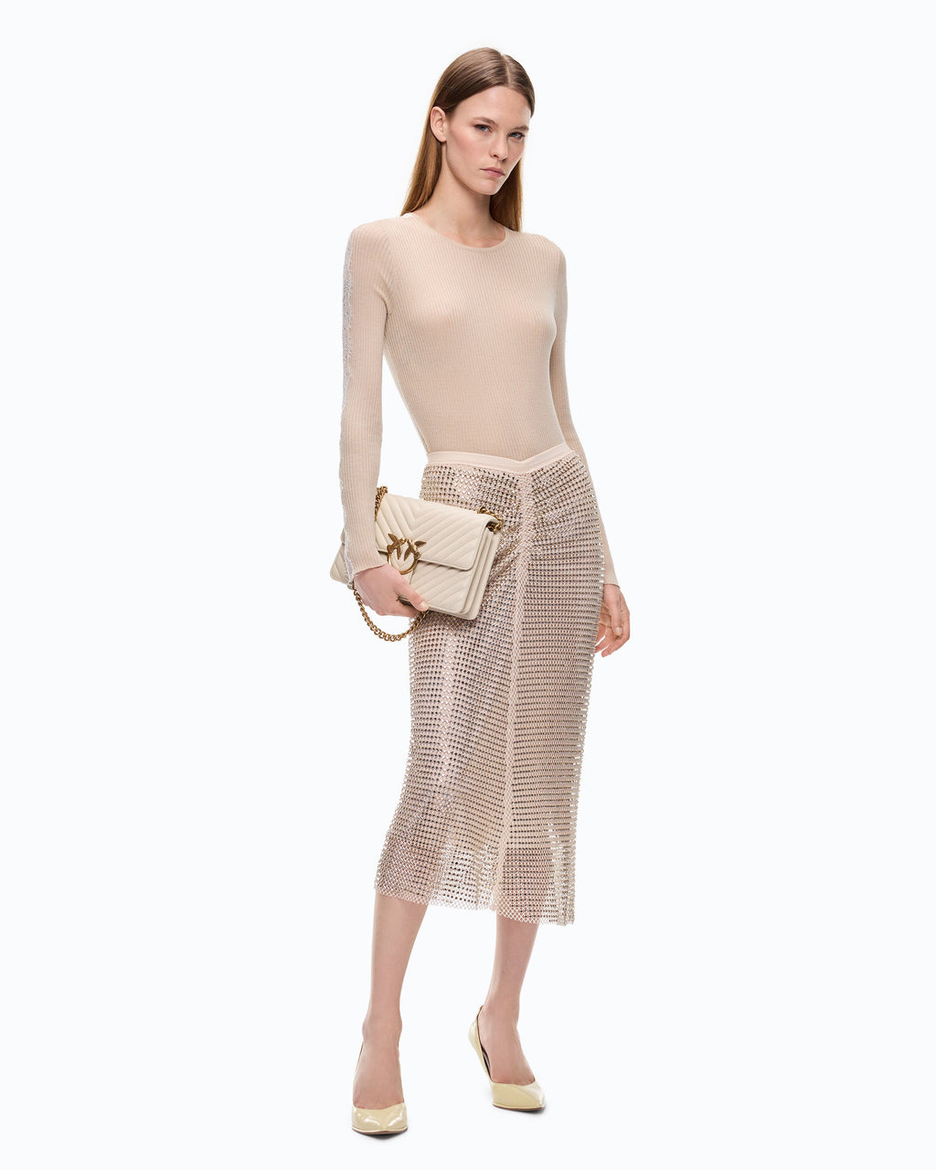 Pinko 107269A3I0 - Maglia a costine con pizzo