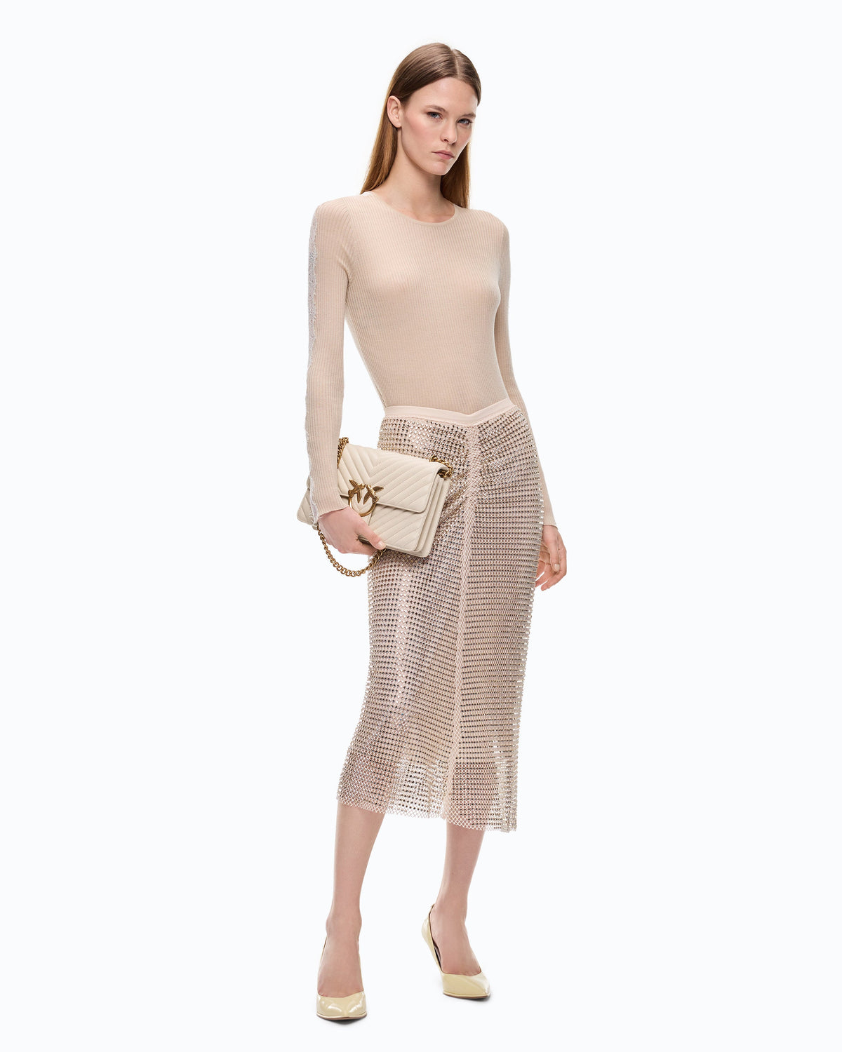 Pinko 107269A3I0 - Maglia a costine con pizzo