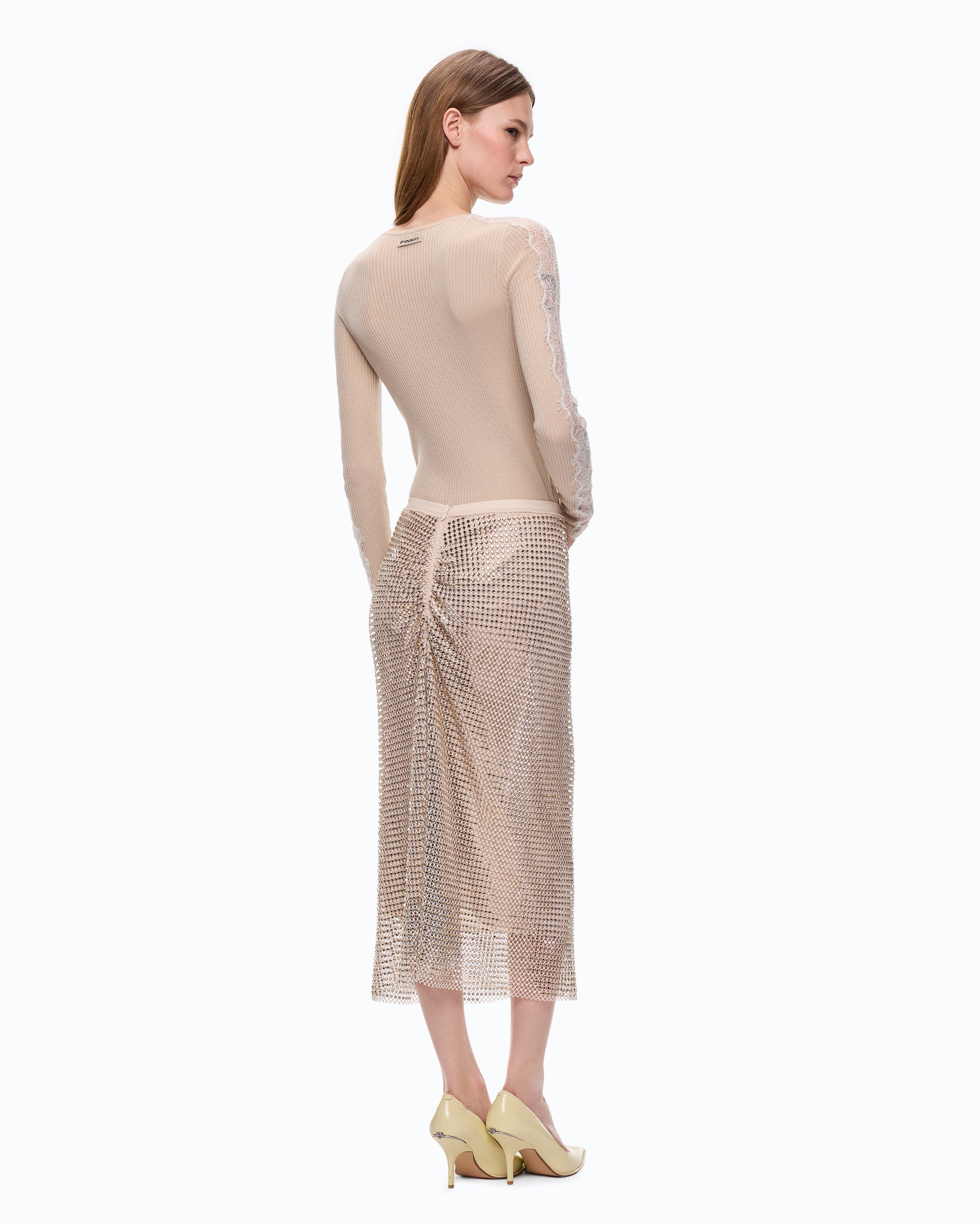 Pinko 107269A3I0 - Maglia a costine con pizzo