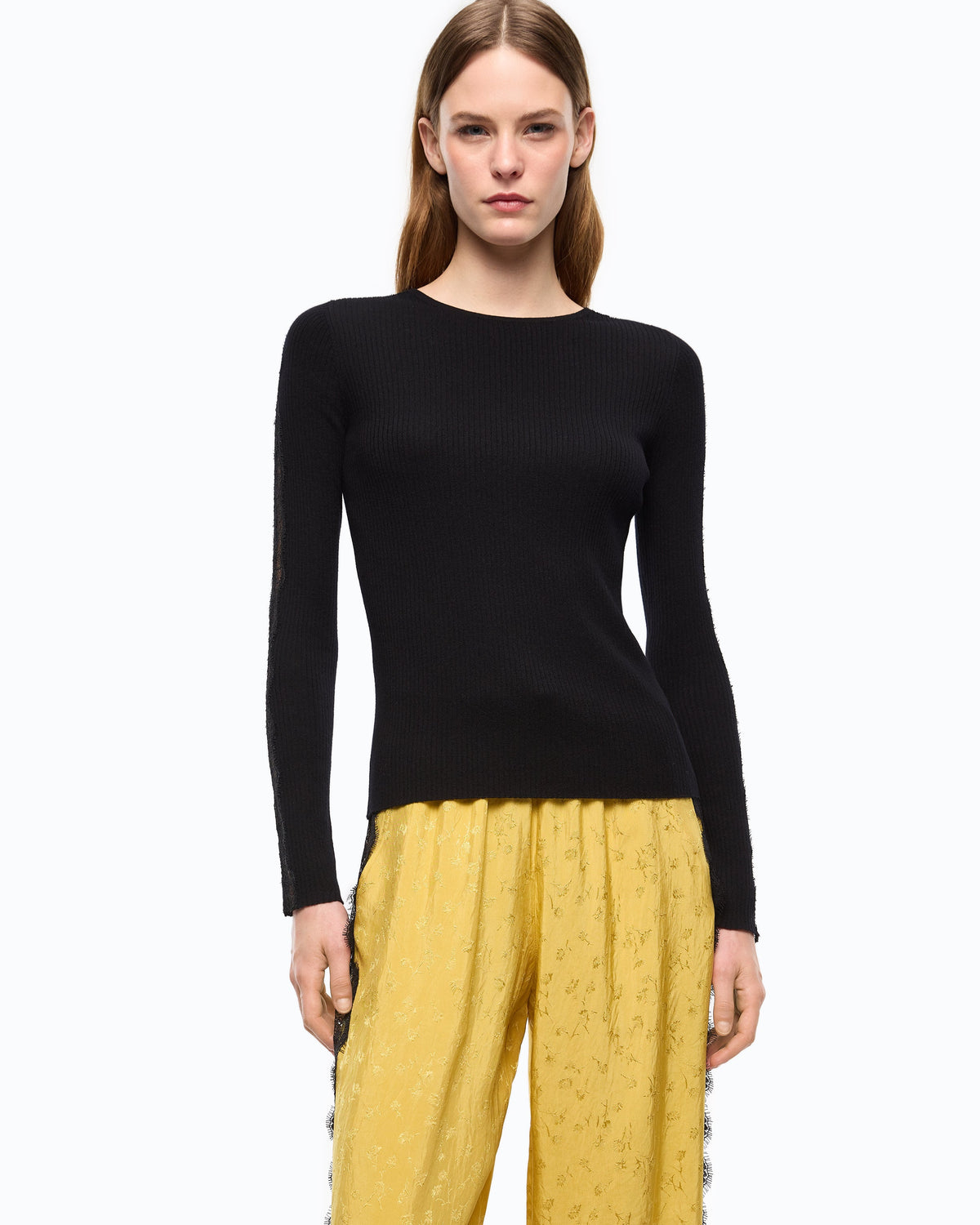 Pinko 107269A3I0 - Maglia a costine con pizzo