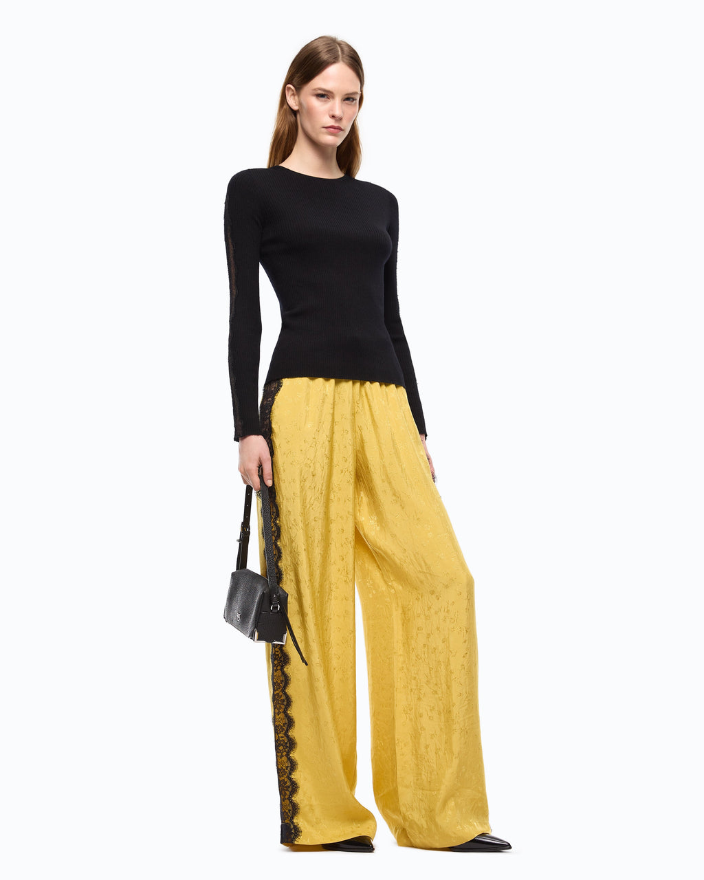 Pinko 107269A3I0 - Maglia a costine con pizzo