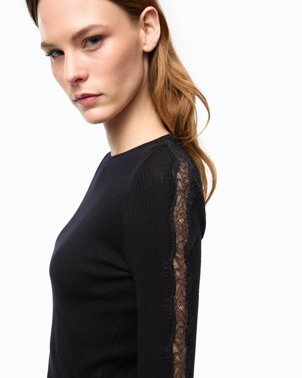 Pinko 107269A3I0 - Maglia a costine con pizzo