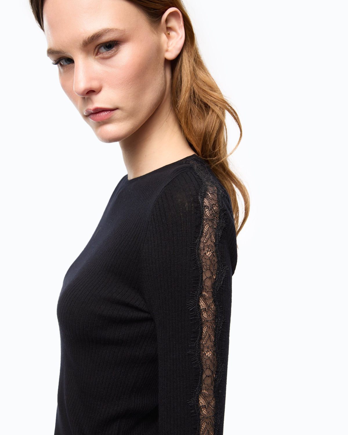 Pinko 107269A3I0 - Maglia a costine con pizzo