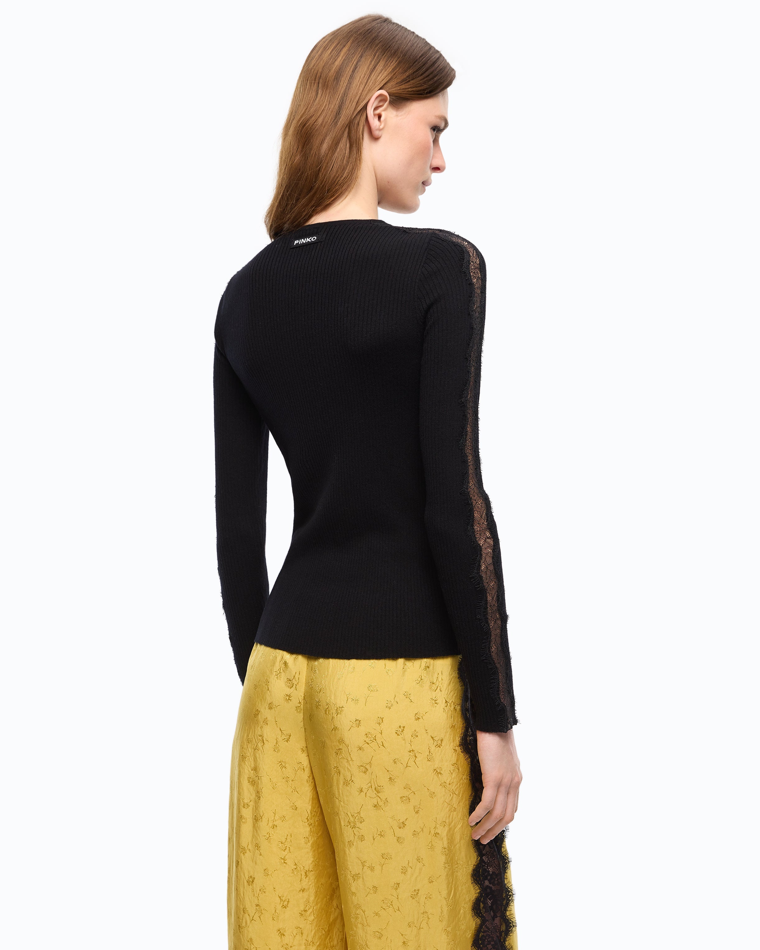 Pinko 107269A3I0 - Maglia a costine con pizzo