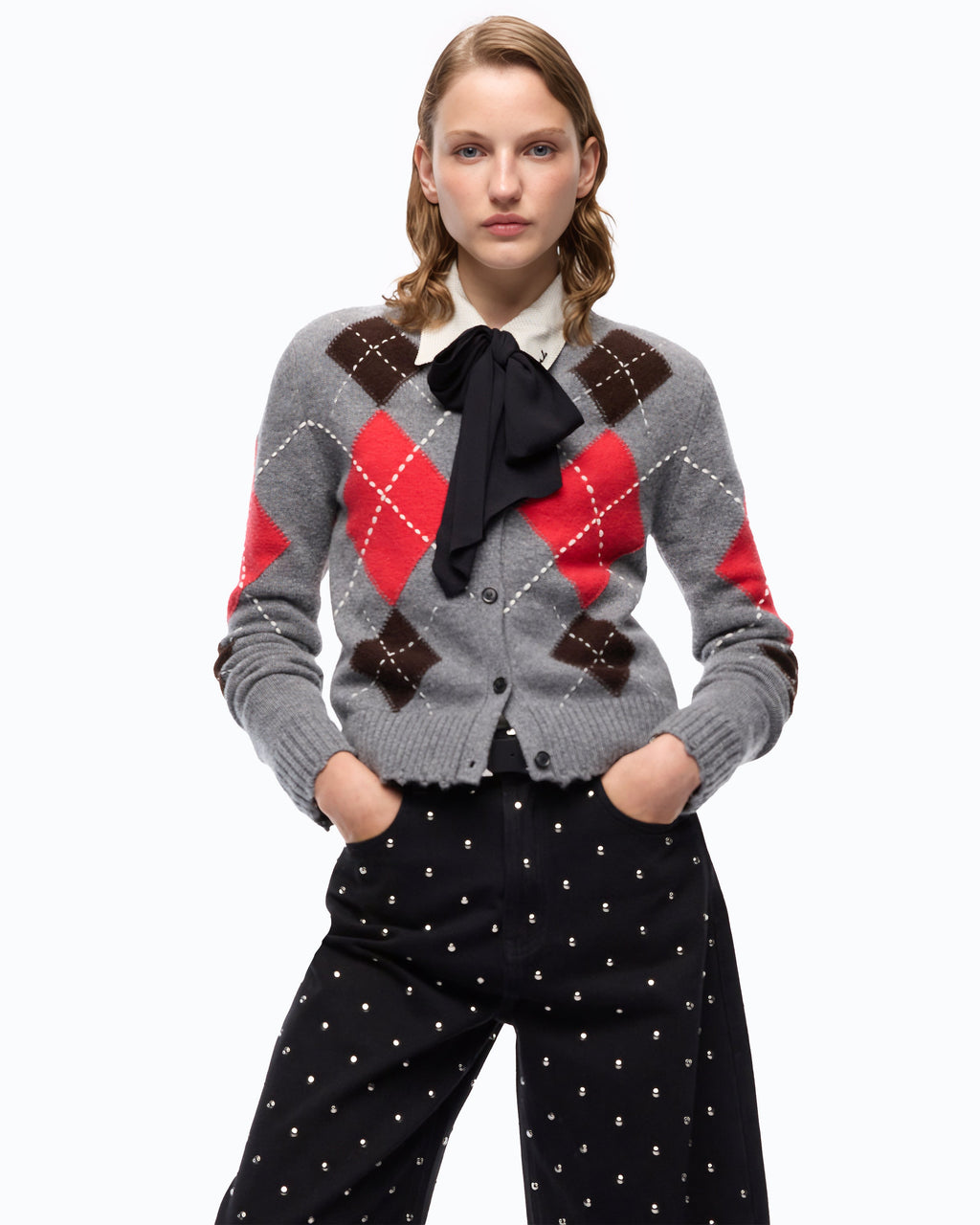 Pinko 107284A3IE - Cardigan girocollo in lana e cashmere a rombi