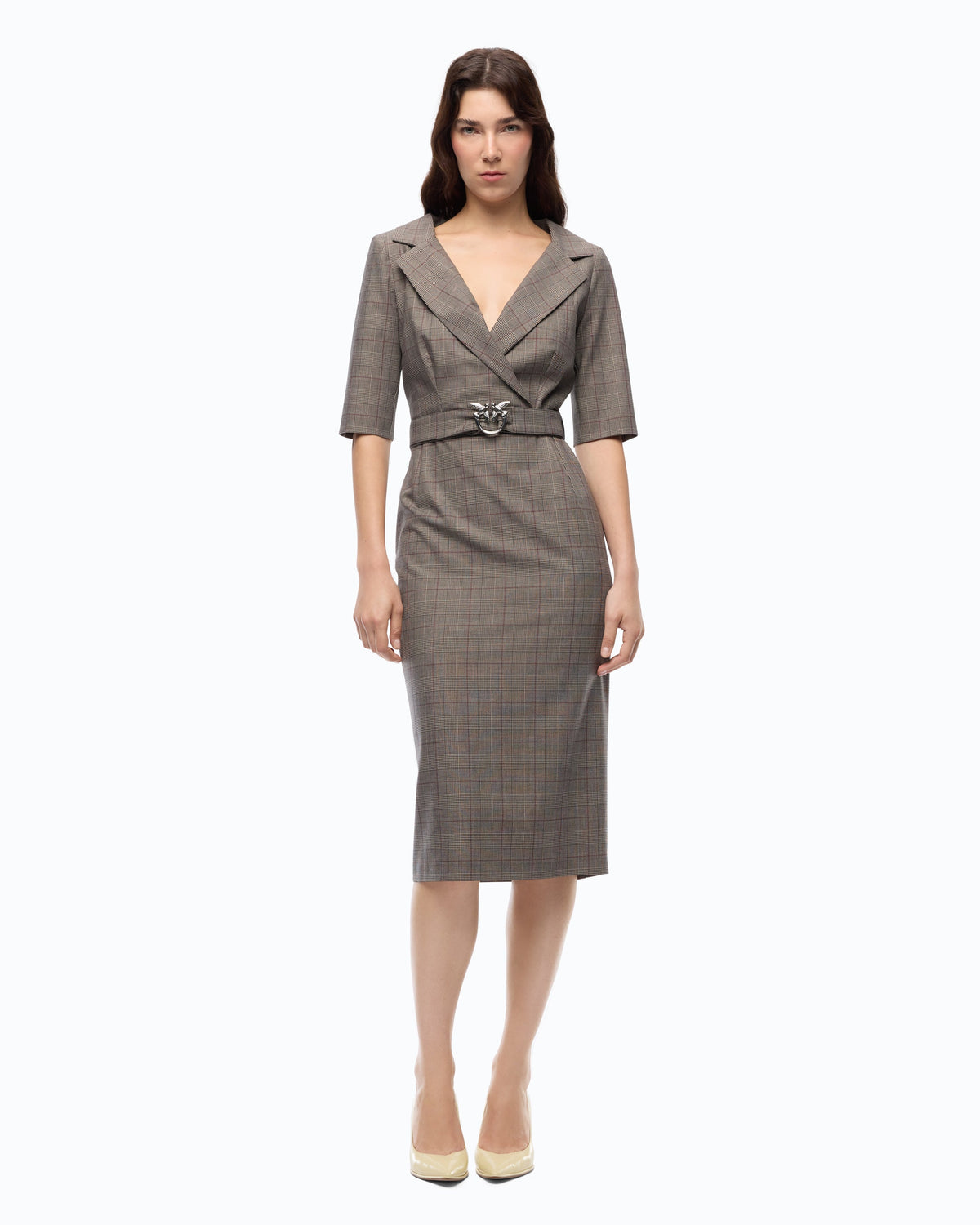 Pinko 107417A3FF - Abito aderente in lana check con cintura Love Birds