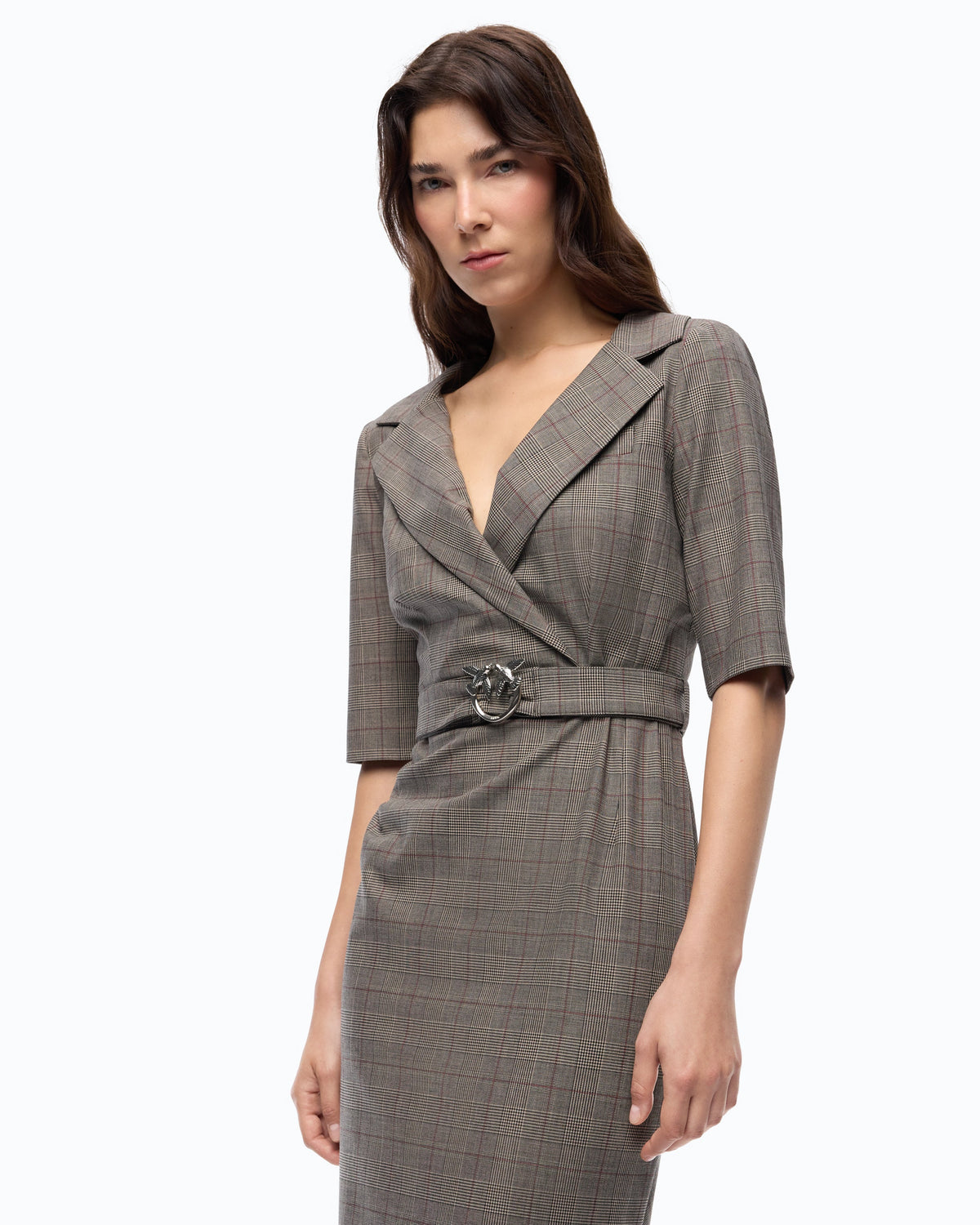 Pinko 107417A3FF - Abito aderente in lana check con cintura Love Birds