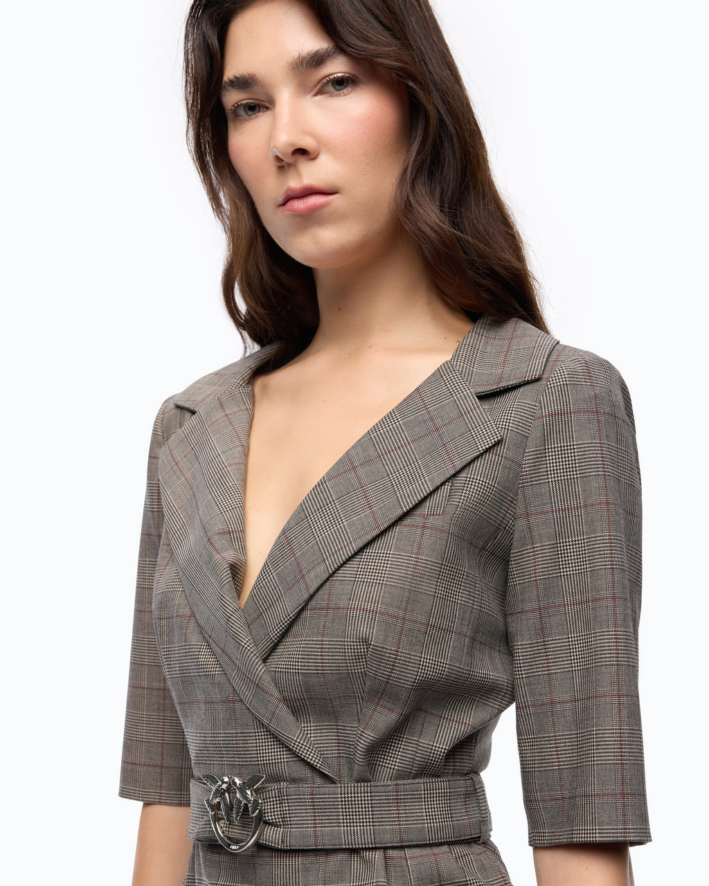 Pinko 107417A3FF - Abito aderente in lana check con cintura Love Birds