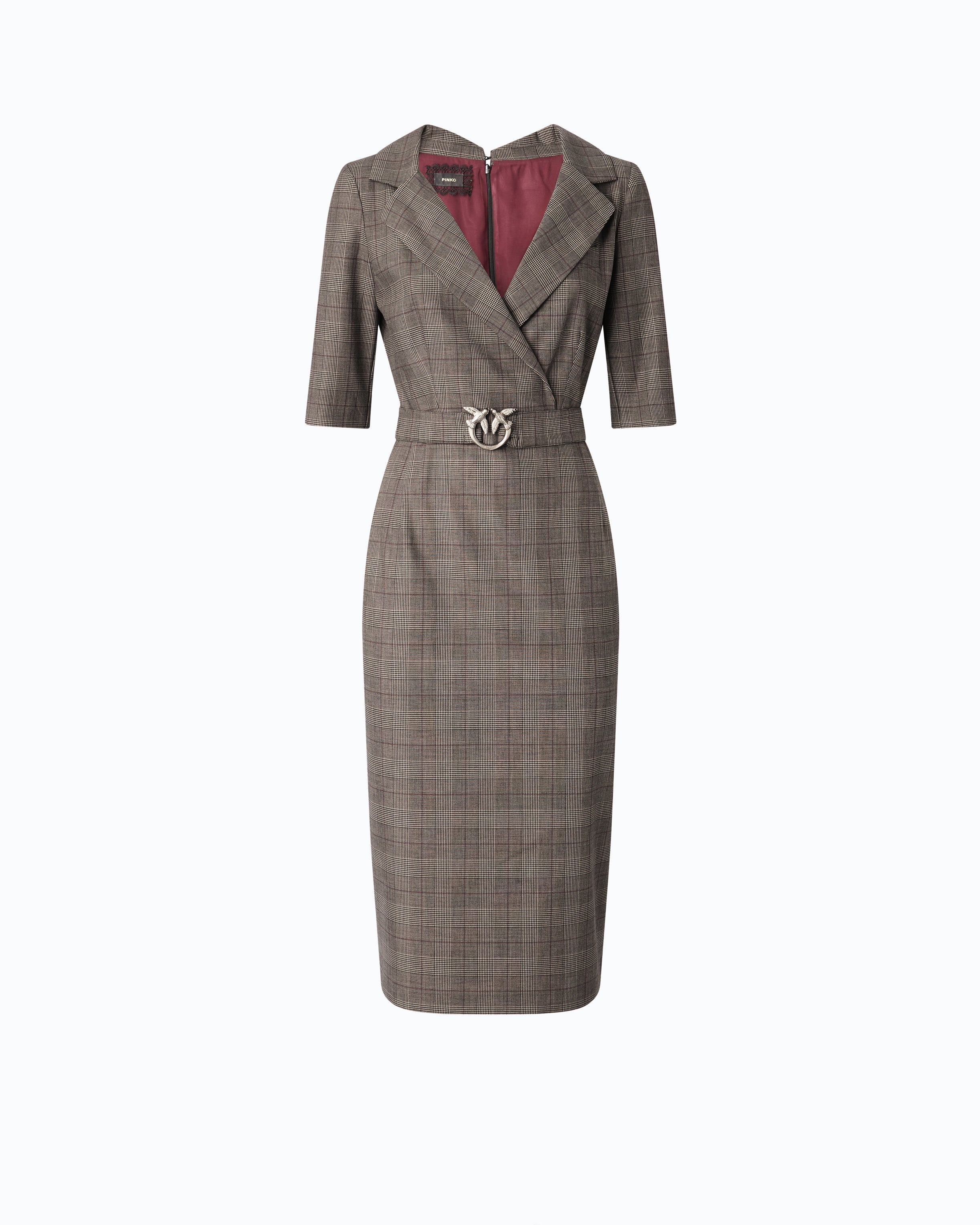 Pinko 107417A3FF - Abito aderente in lana check con cintura Love Birds