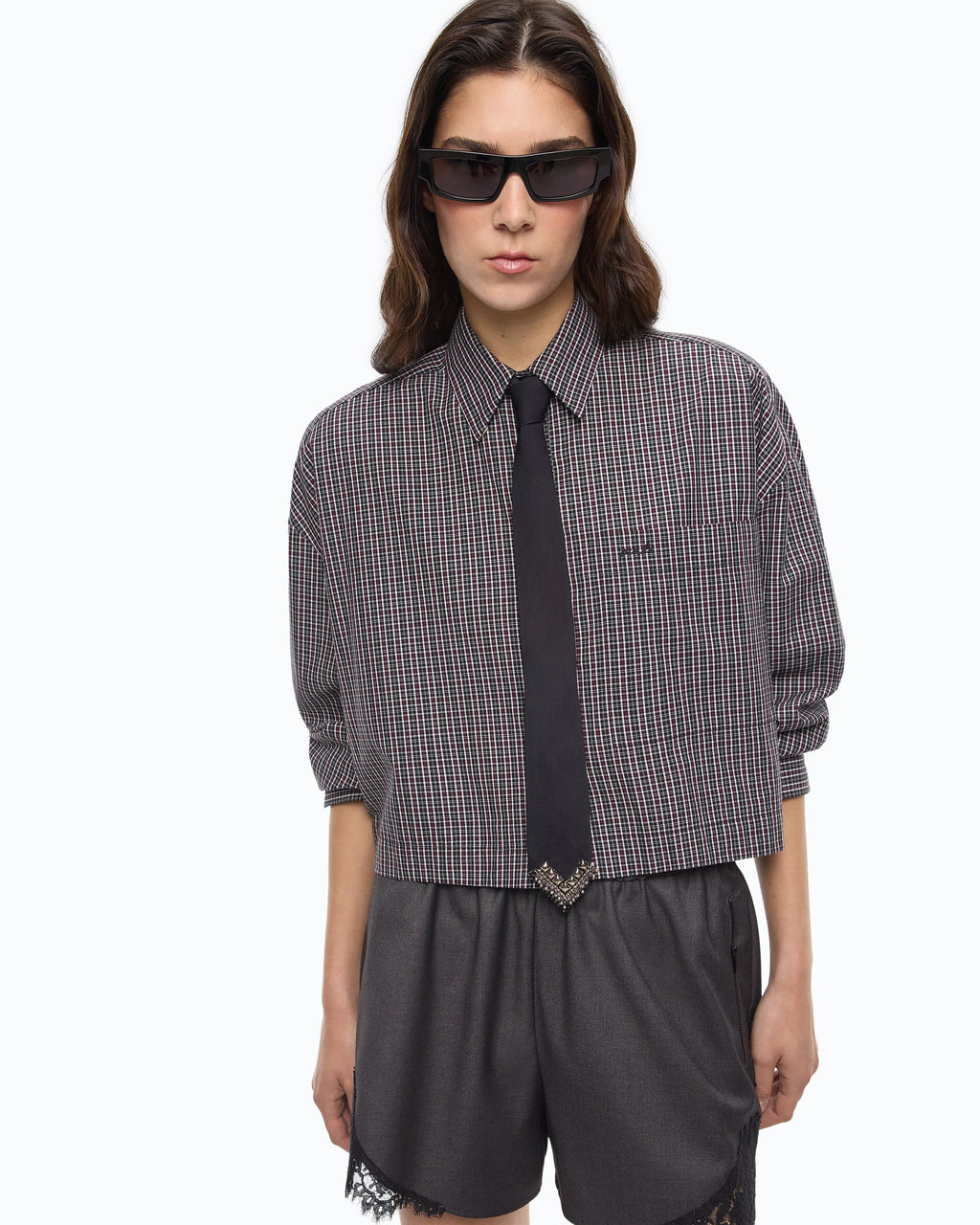 Pinko 107453A3FQ - Camicia cropped a quadretti con cravatta