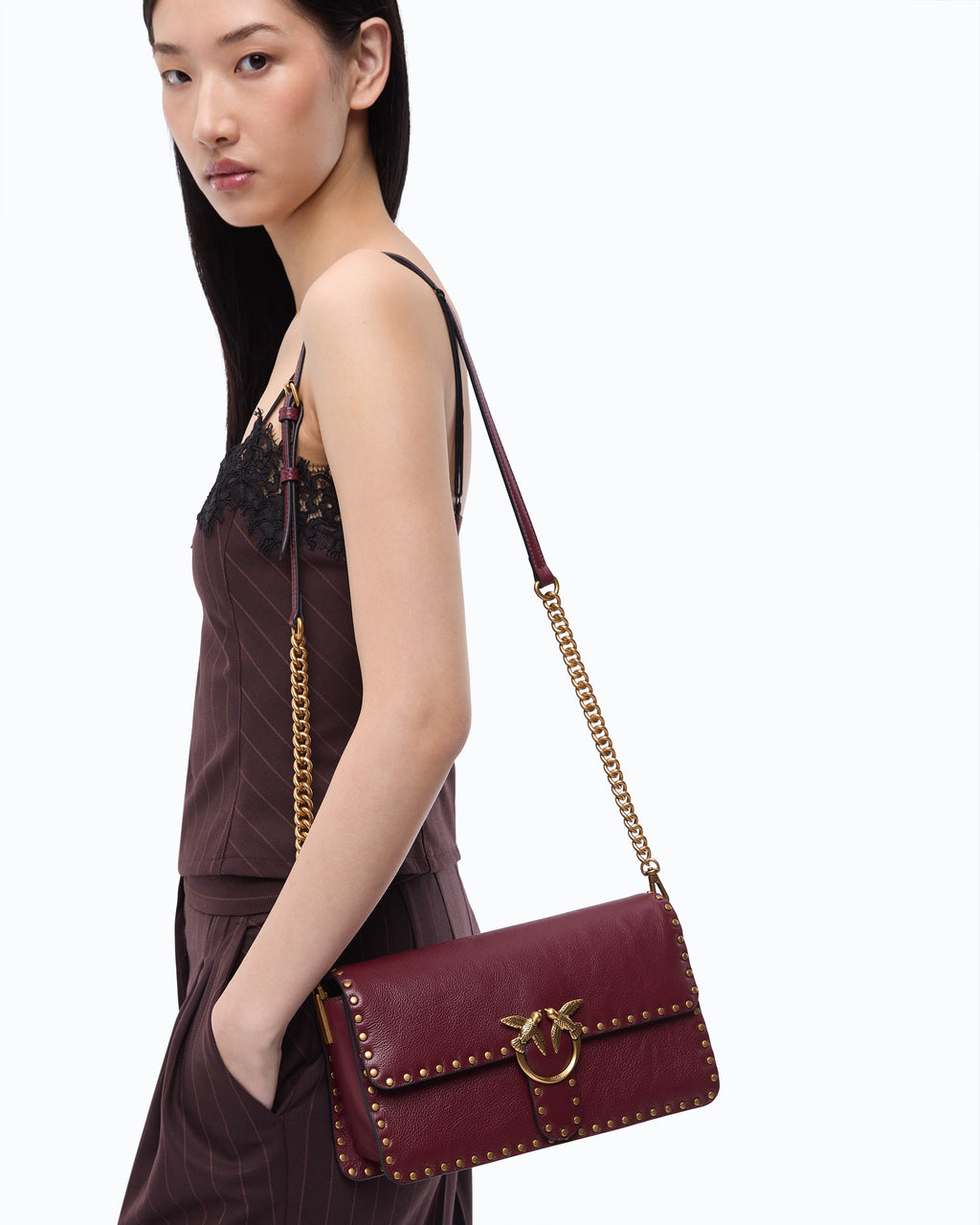 Pinko 107664A2JG - Love One Slouchy medium leather shoulder bag with studs