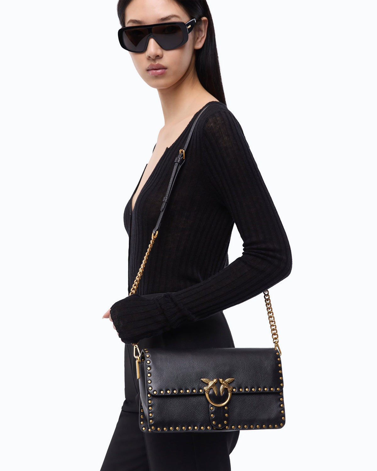 Pinko 107664A2JG - Love One Slouchy medium leather shoulder bag with studs