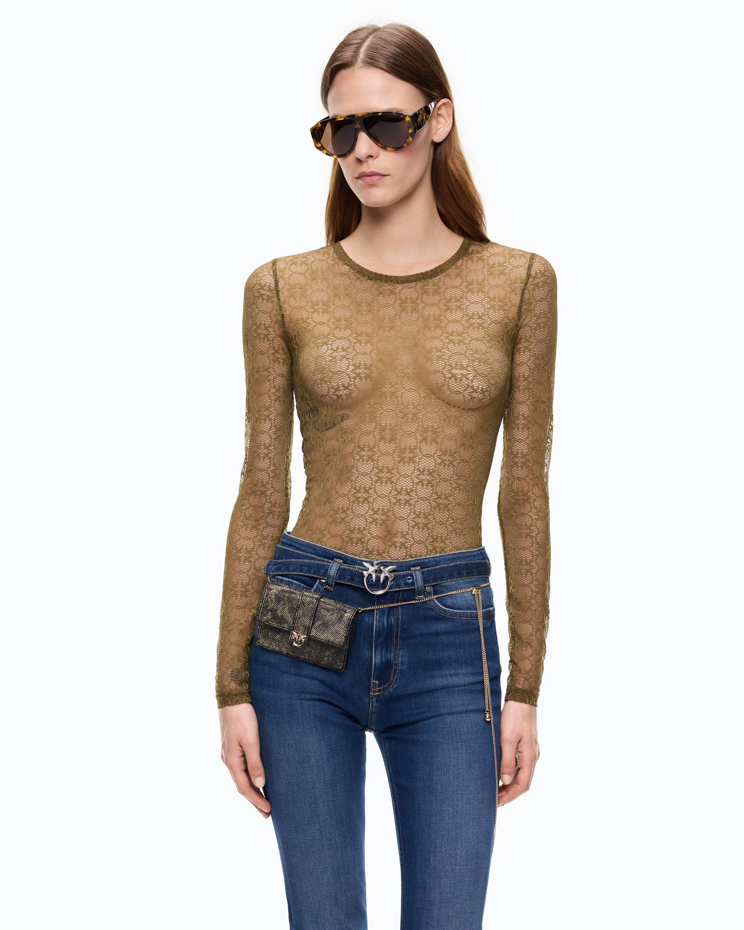 Pinko 107737A3MK - Maglia in pizzo stretch con motivo logo Love Birds