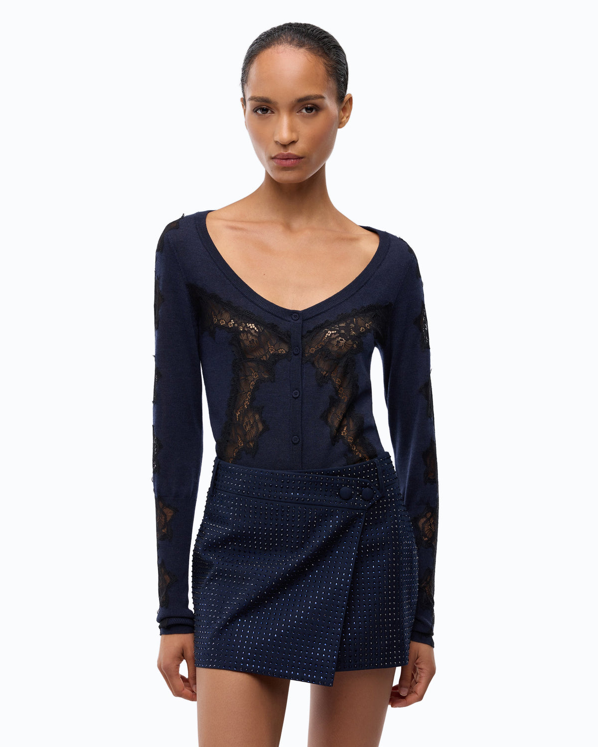Pinko 107774A3O1 - Cardigan en laine avec empiècements en dentelle