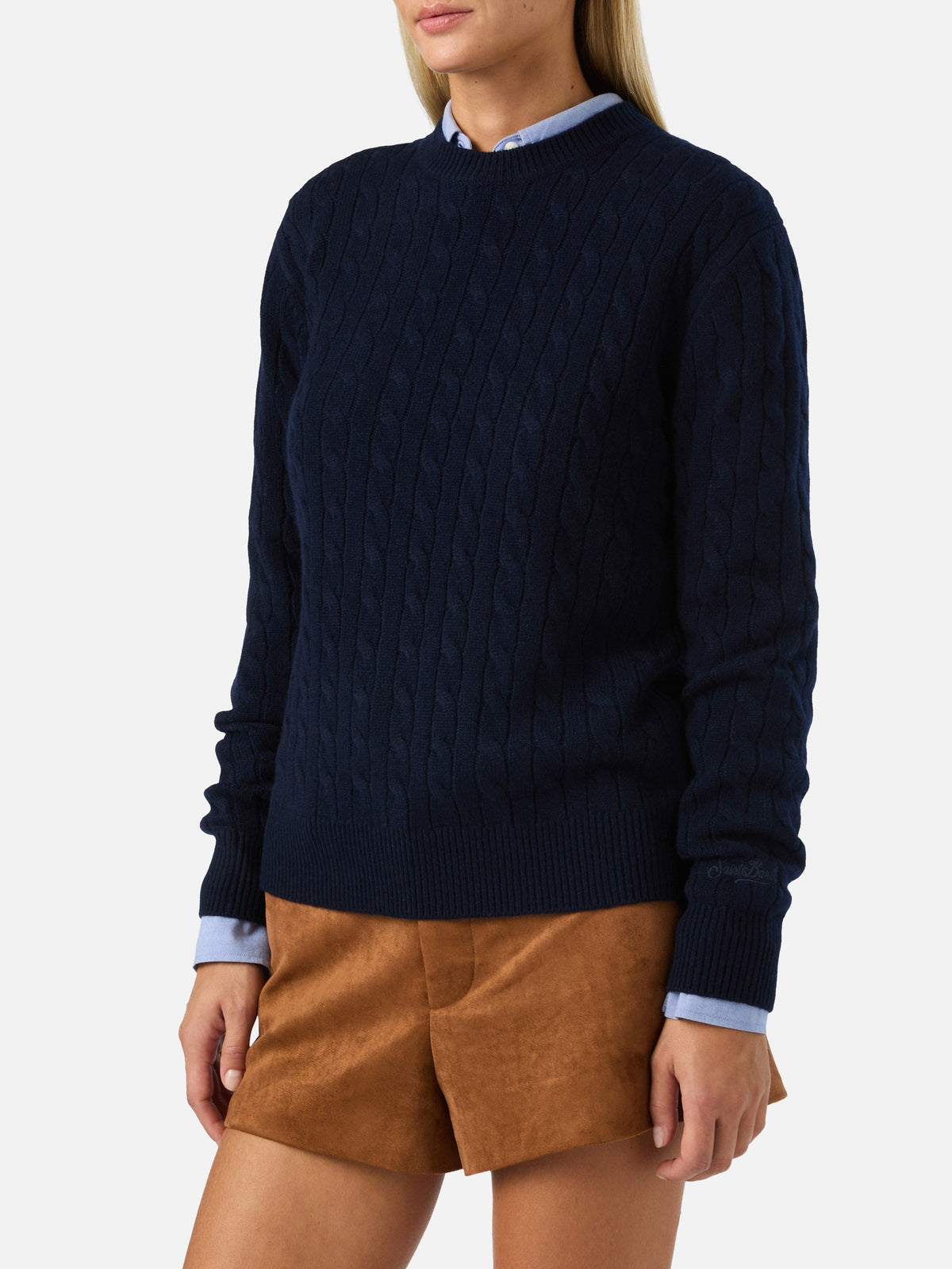MC2 Saint Barth SORBONNE BRAID WOOL SORB005 - Maglia Sorbonne girocollo a trecce in pura lana con ricamo logo - Blu Notte (62 Night Blue) - Foto 2