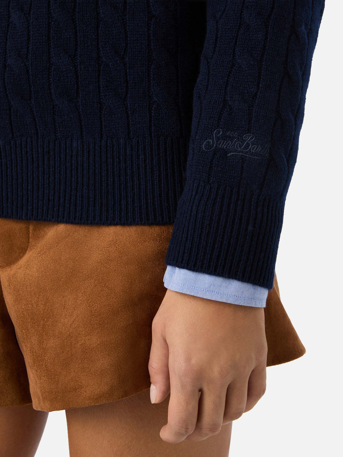 MC2 Saint Barth SORBONNE BRAID WOOL SORB005 - Maglia Sorbonne girocollo a trecce in pura lana con ricamo logo - Blu Notte (62 Night Blue) - Foto 5
