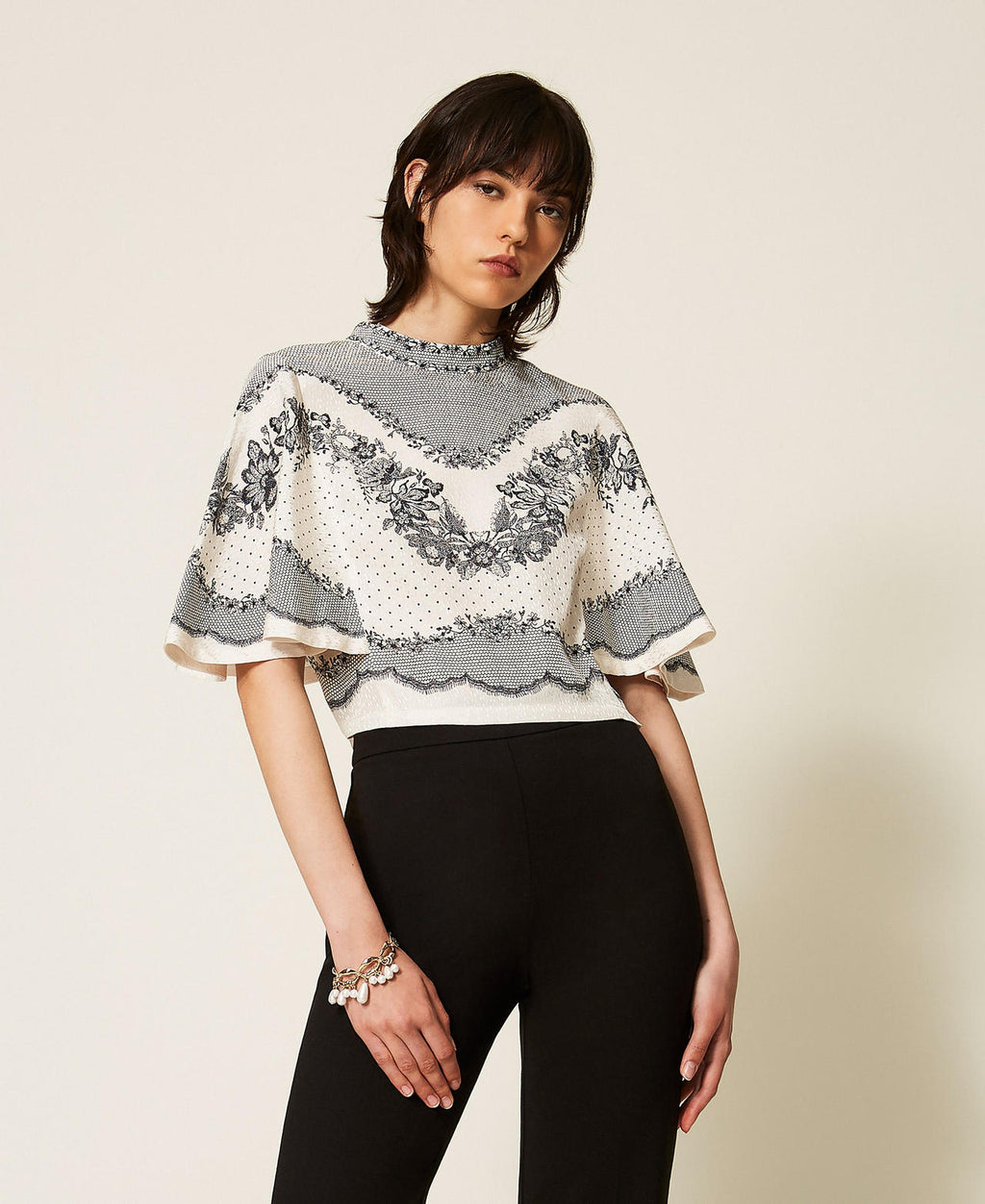 Twinset 262TP267A - Blusa in raso jacquard a fiori e pois