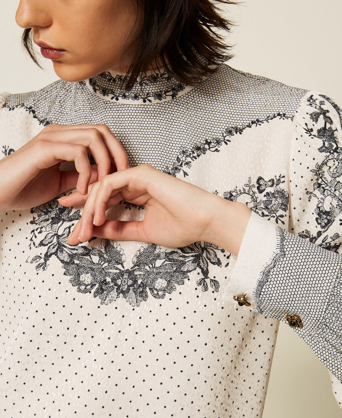 Twinset 262TP267C - Abito corto in raso jacquard a fiori e pois