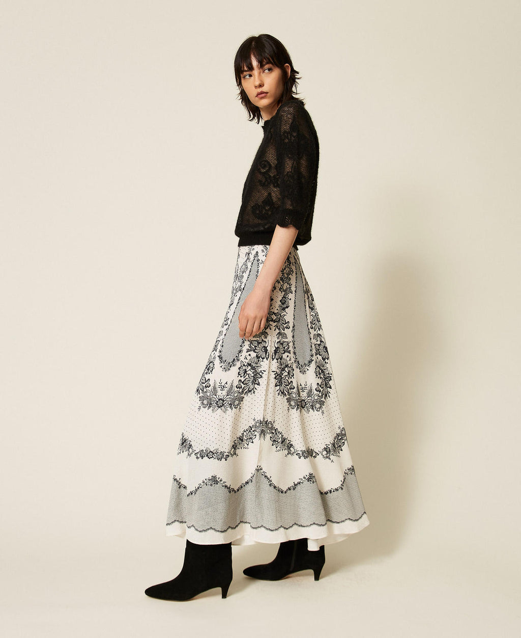 Twinset 262TP267E - Gonna lunga in raso jacquard a fiori e pois