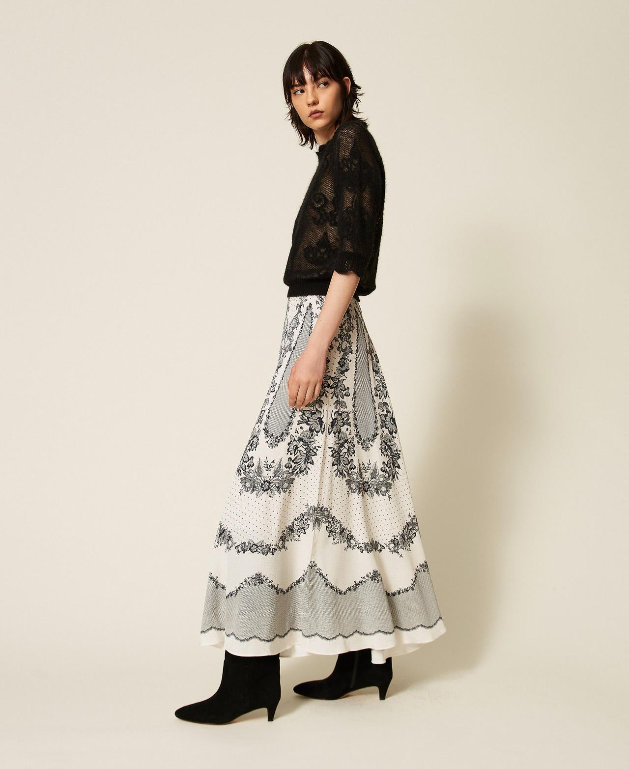 Twinset 262TP267E - Gonna lunga in raso jacquard a fiori e pois