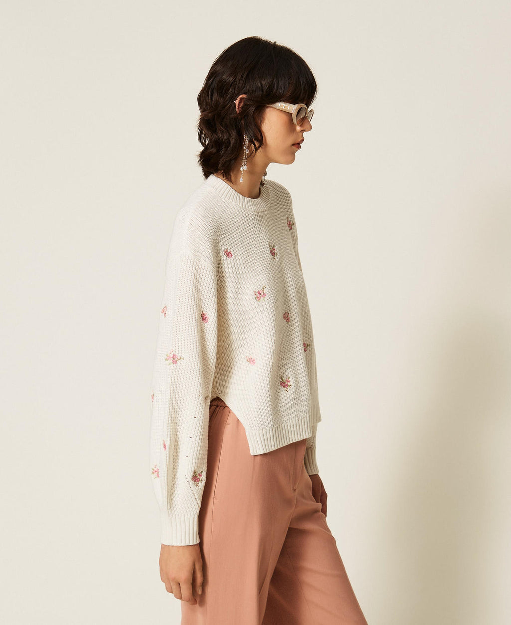 Twinset 262TP3410 - Maglia a coste in misto lana con ricamo floreale