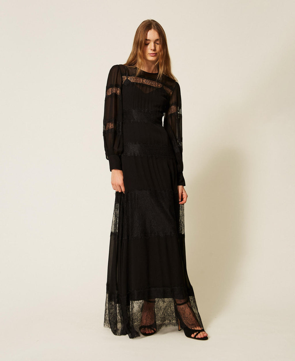 Twinset 262TT2630 - Abito lungo in georgette e pizzo