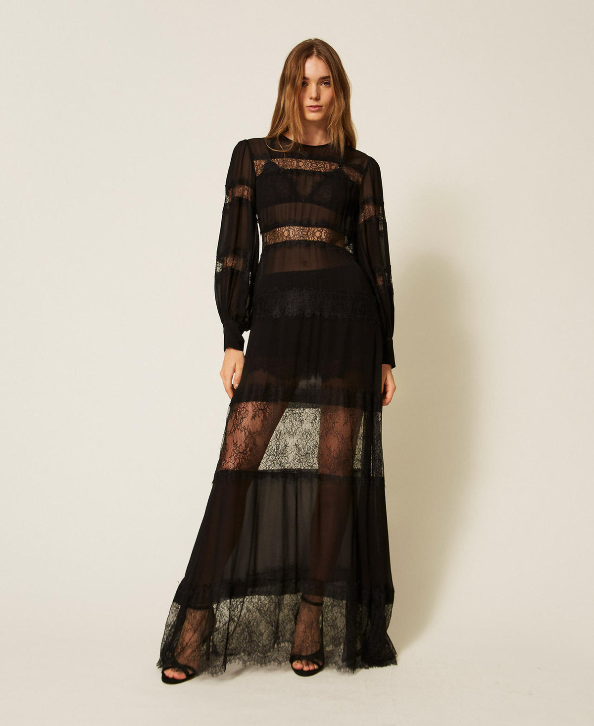 Twinset 262TT2630 - Abito lungo in georgette e pizzo