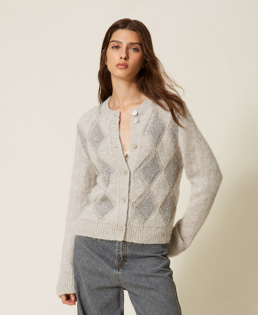 Twinset 262TT3170 - Cardigan jacquard a rombi con paillettes