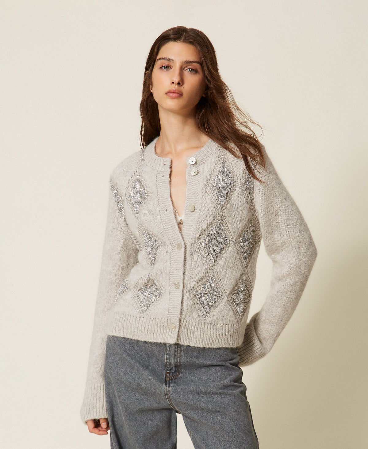 Twinset 262TT3170 - Cardigan jacquard a rombi con paillettes
