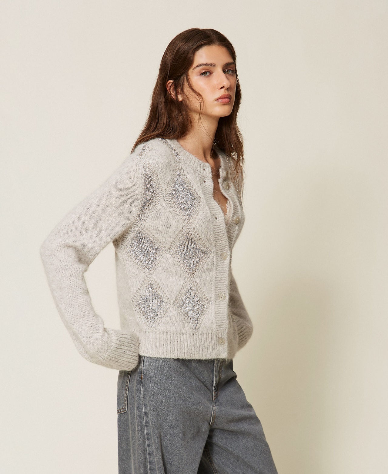 Twinset 262TT3170 - Cardigan jacquard a rombi con paillettes