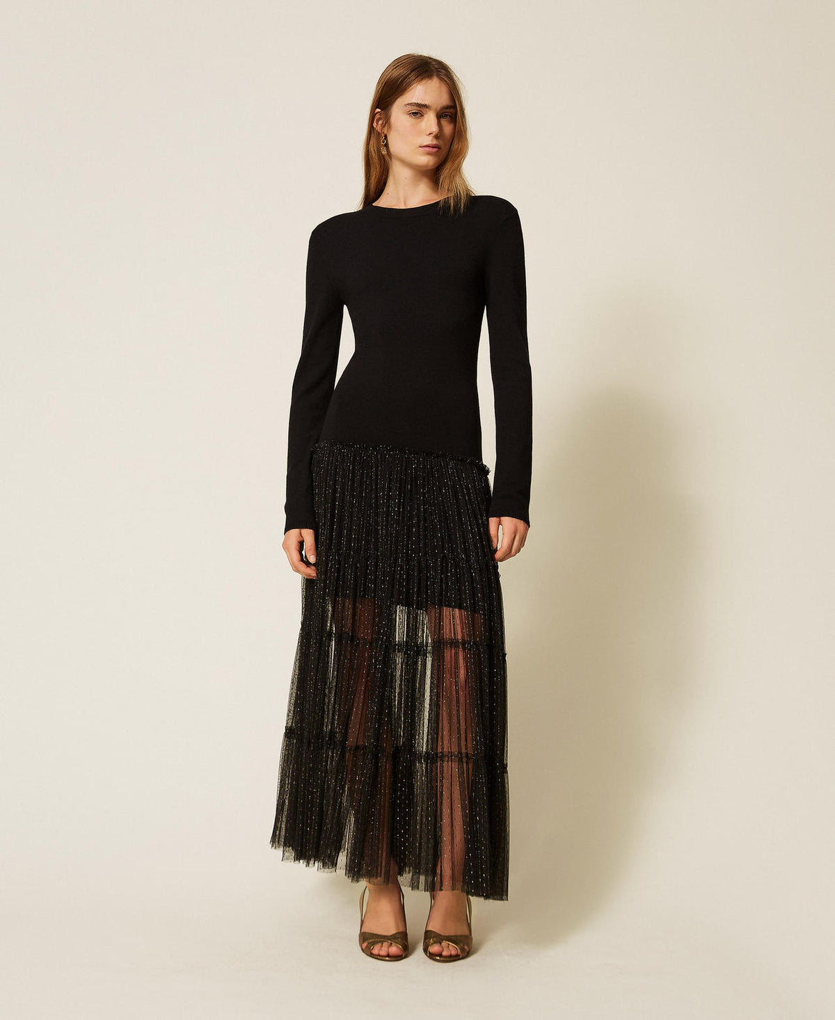 Twinset 262TT3423 - Abito lungo in maglia e tulle plumetis