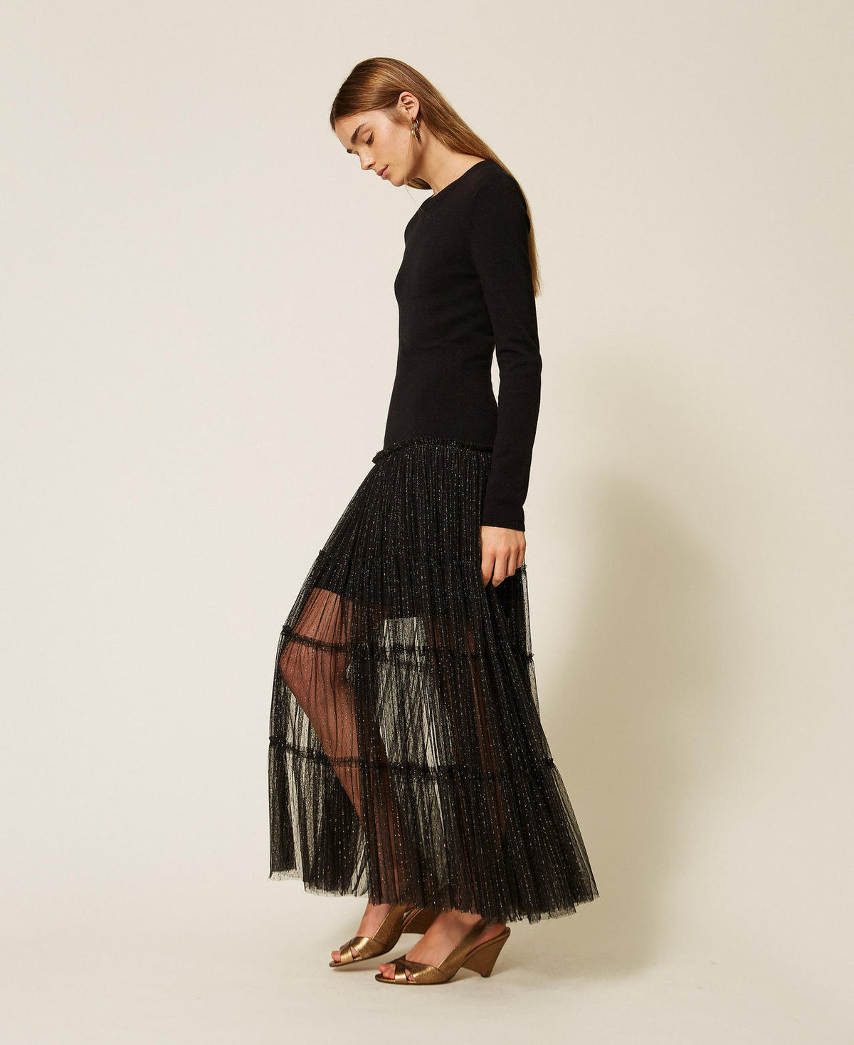 Twinset 262TT3423 - Abito lungo in maglia e tulle plumetis