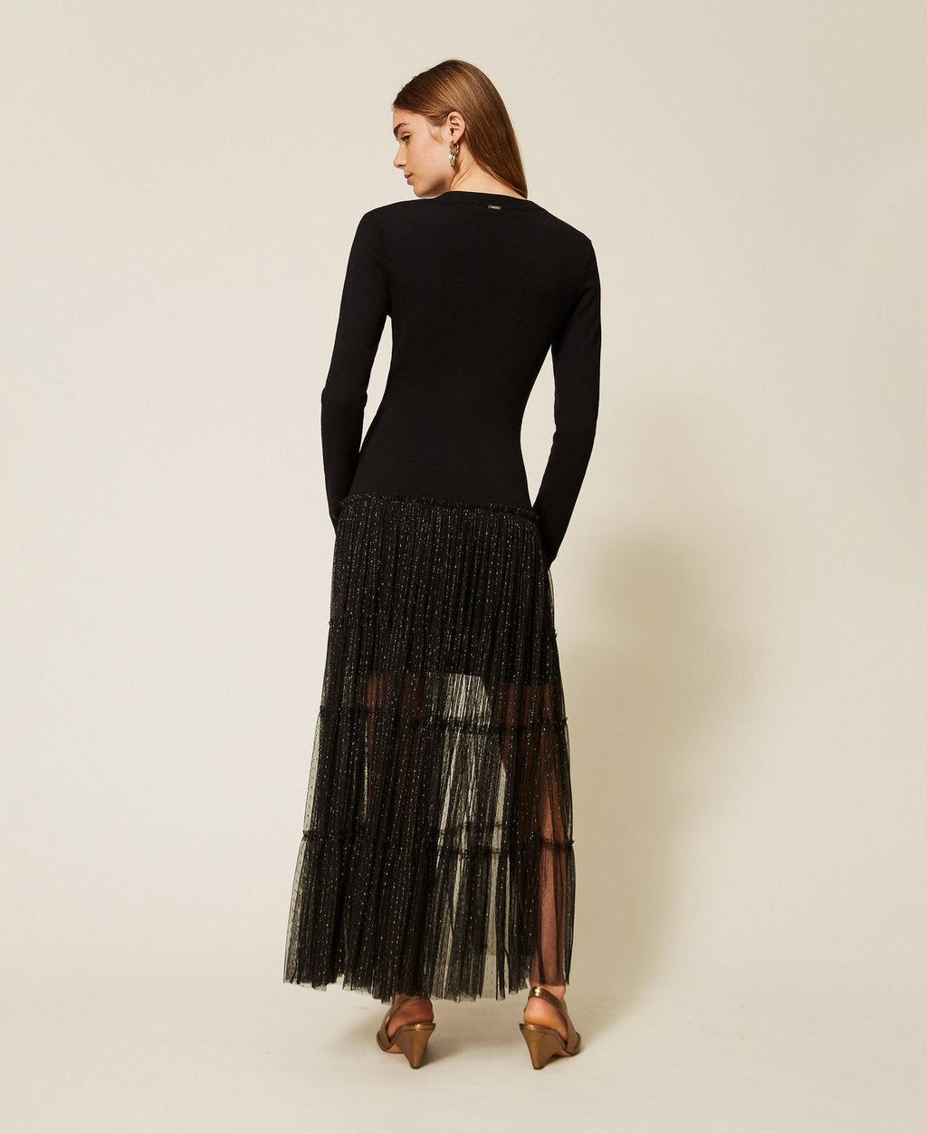 Twinset 262TT3423 - Abito lungo in maglia e tulle plumetis