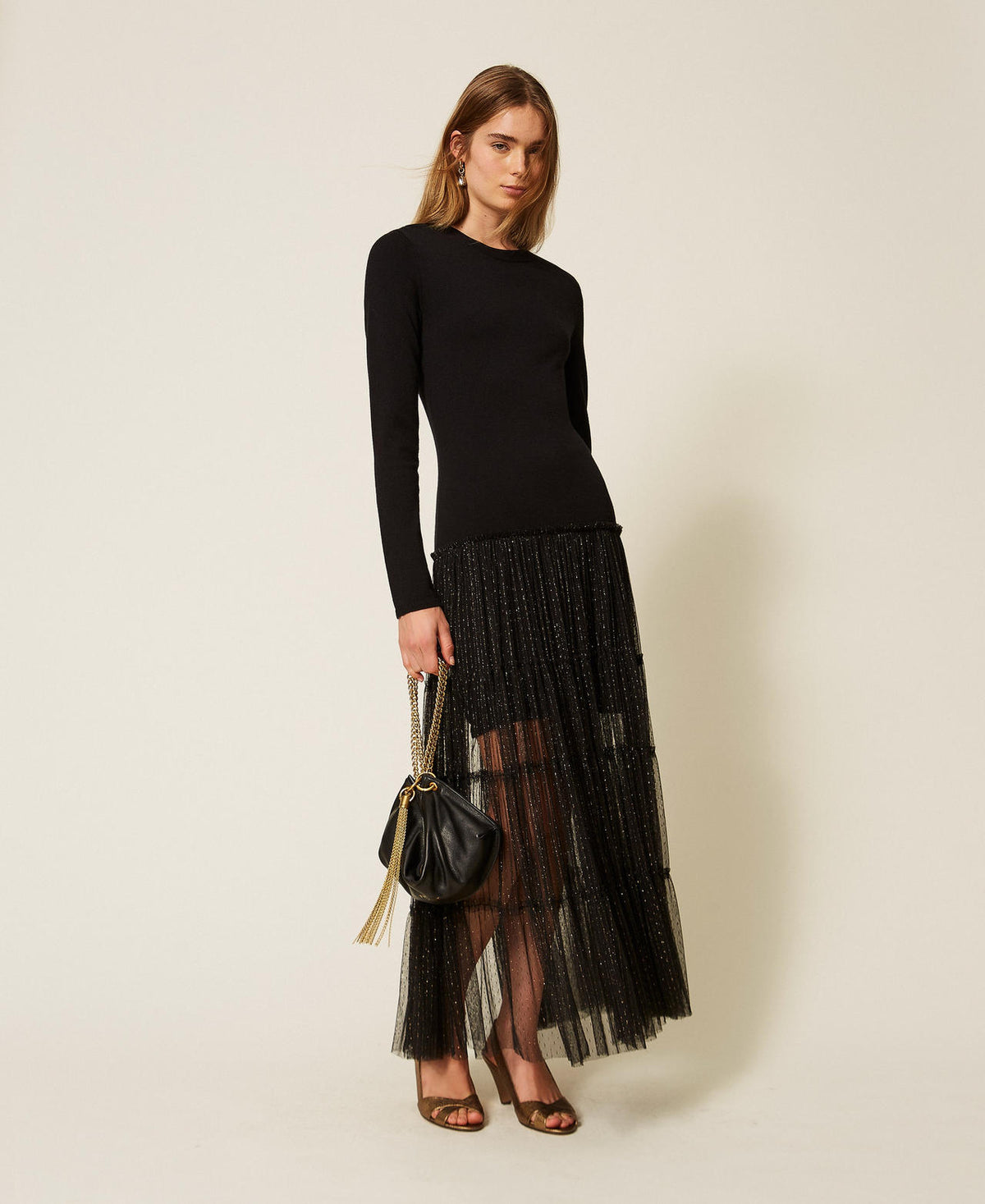 Twinset 262TT3423 - Abito lungo in maglia e tulle plumetis